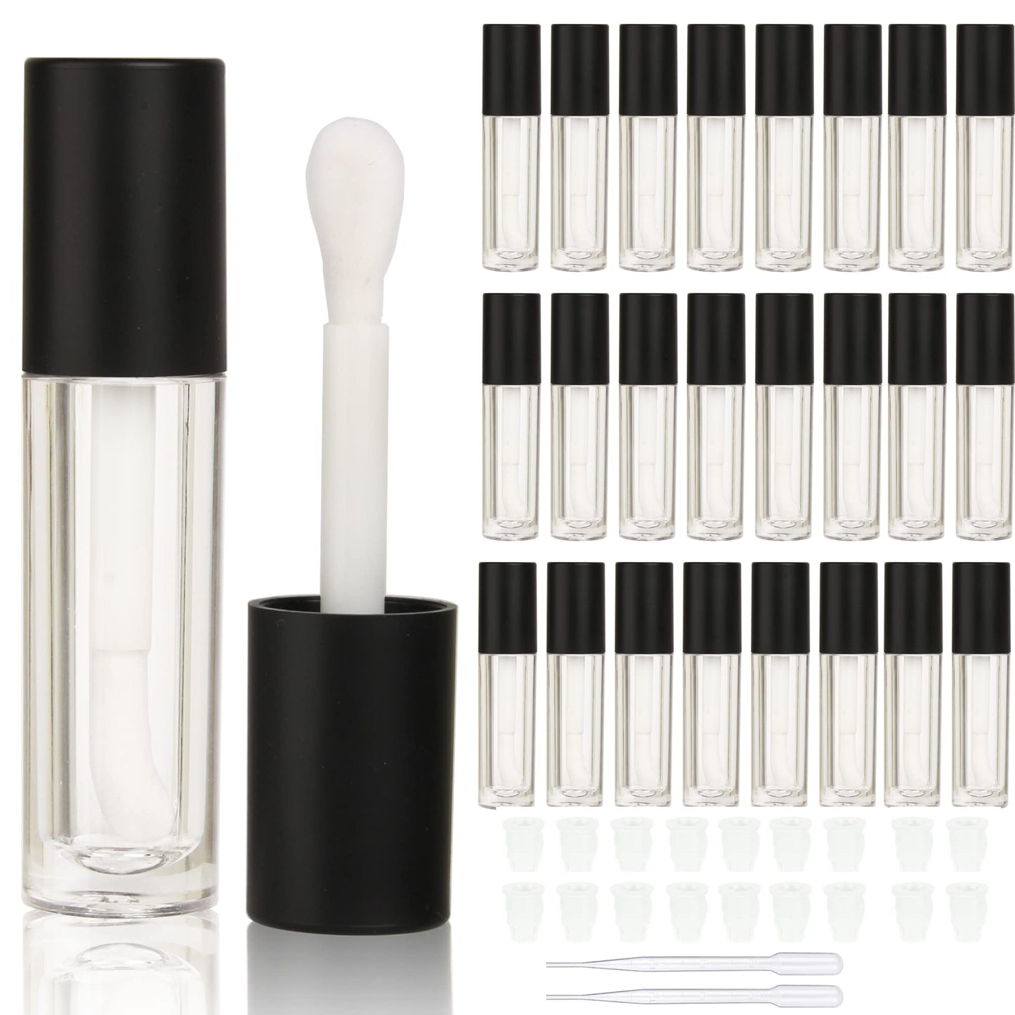 COSIDEA 24 pcs Empty 5ml big brush lip gloss tube black round lipgloss tubes container with big doe foot wand cosmetic packing containers