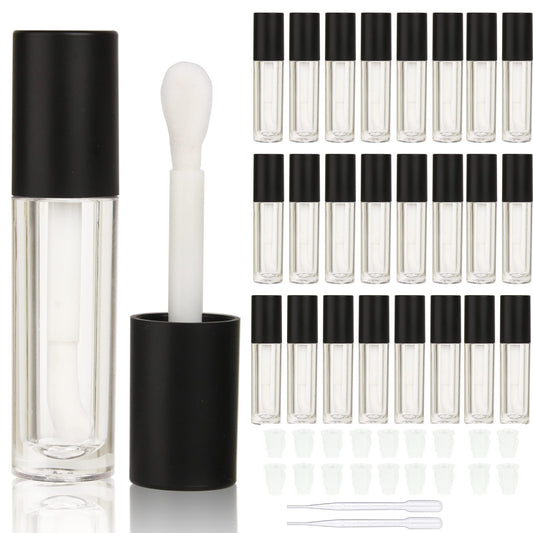COSIDEA 24 pcs Empty 5ml big brush lip gloss tube black round lipgloss tubes container with big doe foot wand cosmetic packing containers