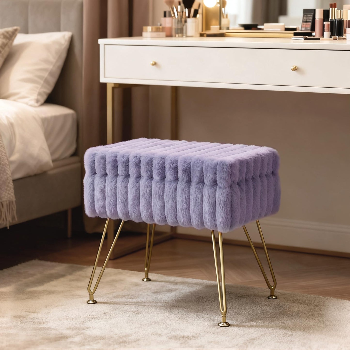 xupersodys Vanity Stool Chair with Storage, Faux Fur Soft Padded Ottoman with Coffee Table, Modern Vanity Chair Fluffy Footstool with Metal Legs for Makeup, Living Room,Bedroom Purple