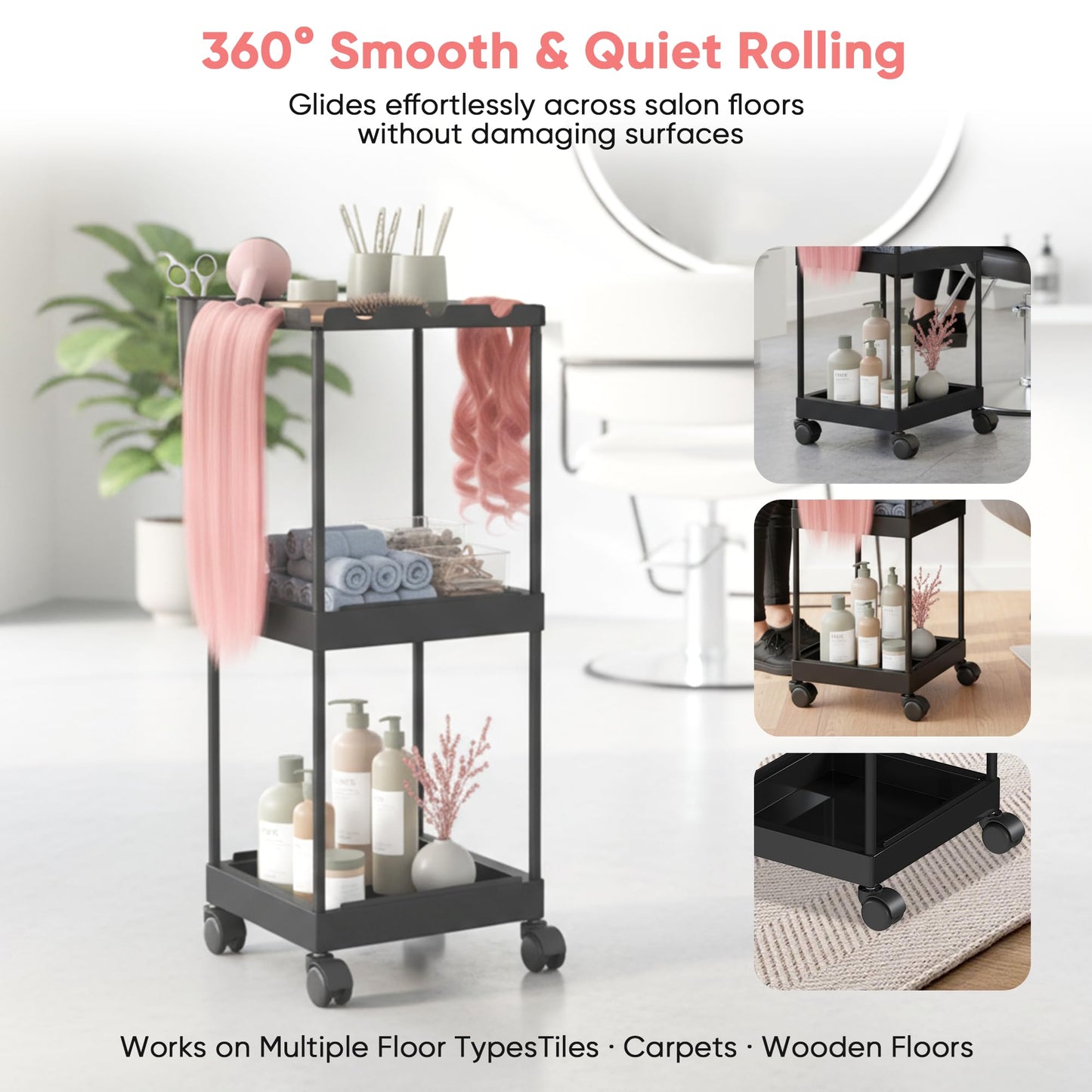 Veonly Metal 3 Tiers Salon Rolling Tray,Salon Tray on Wheels,Hair Extension Holder Salon Trolley,Hairstylist Tool Storage Cart for Salon(Black)