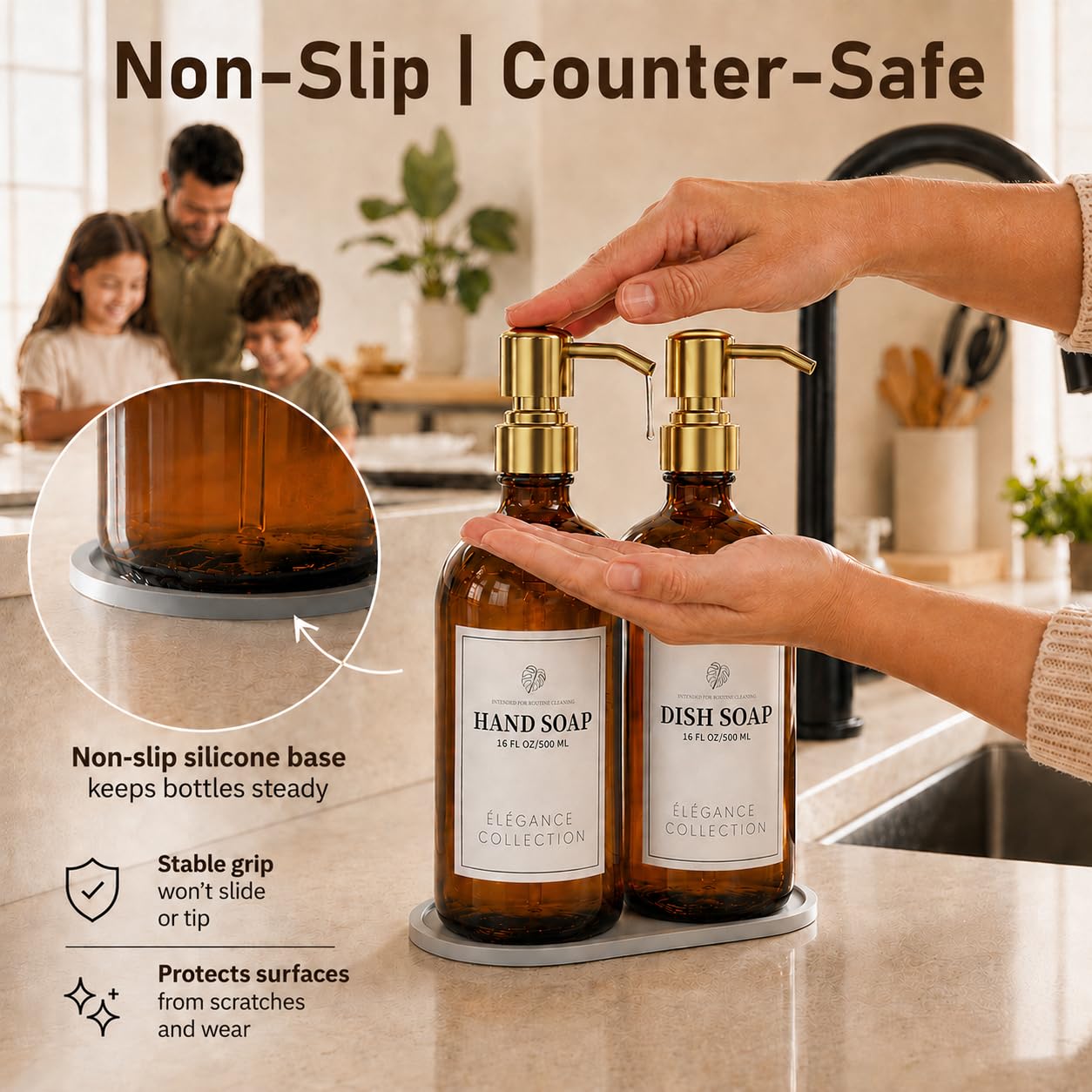 Fachixy Amber Glass Soap Dispenser (2 Pack), 16 Fl Oz Hand & Dish Soap Dispenser Bottles Set with Rust-Resistant Stainless Steel Pump, Non-Slip Pad, 14 Waterproof Labels for Kitchen and Bathroom