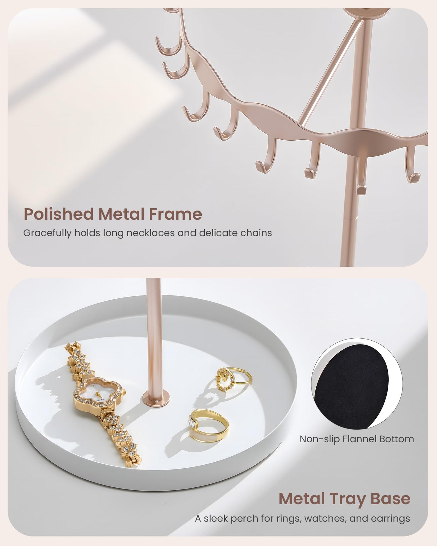 Lolalet Necklace Organizer Holder, Jewelry Display Rack Tree Stand with 26 Hooks & Metal Base Tray, Tall Hanging Storage for Necklaces, Keychains, Bracelets, Mothers Day Gift for Women -Rosegold