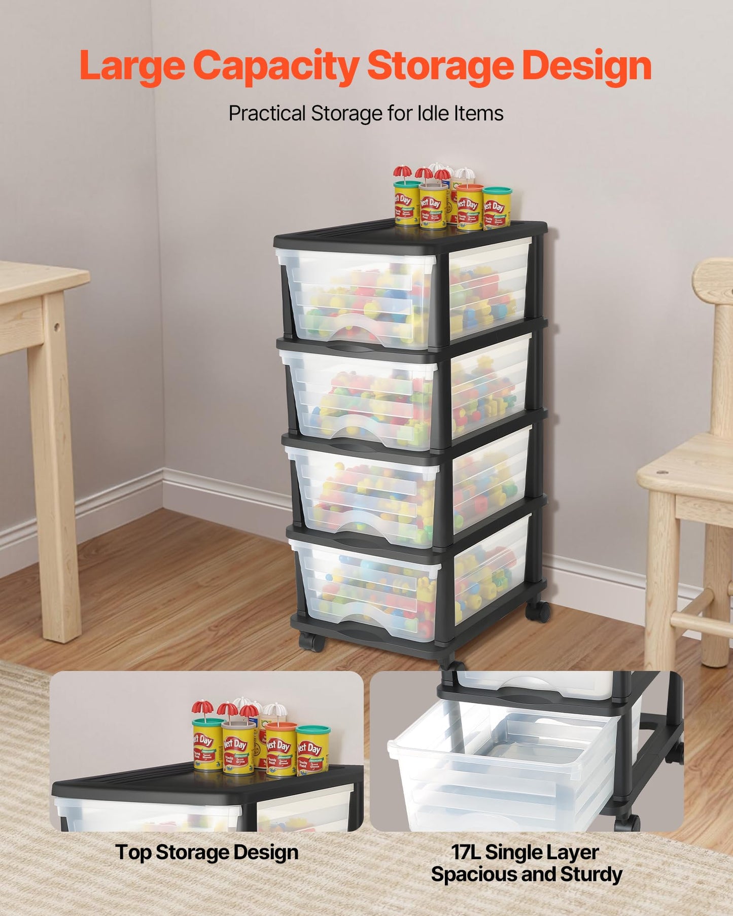 VEVOR Plastic Storage Drawers Cart, 4 Drawers Storage Organizer with Wheels, Rolling Closet Organization and Storage Dividers, Dresser Organizer Clear Bins for Office Supplies, Craft Rooms, Classrooms
