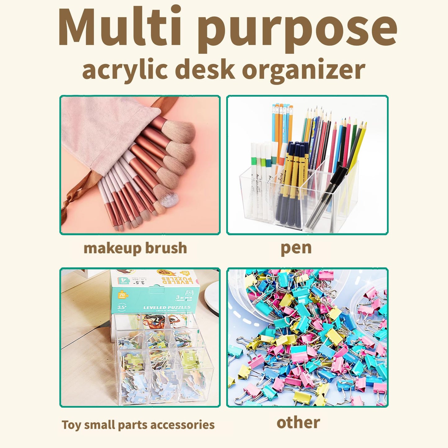 eastbao 4 Pcs Clear Pen Holder for desk cute office supplies,Stationery and makeup brush organizer,Clear Desktop Pencil Cup with 3 Compartments