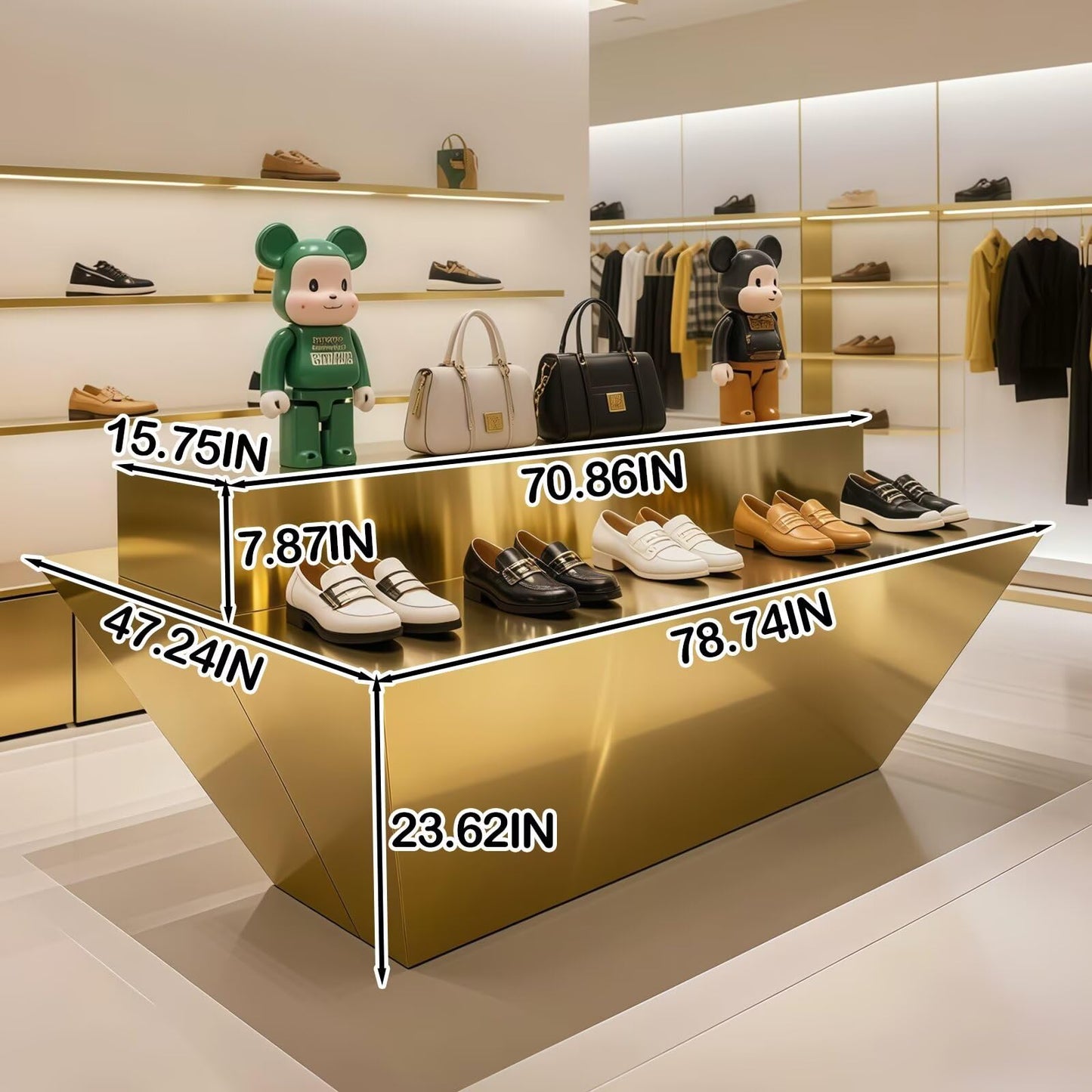 HHEvergreenEnsemble Display Table with Gold Trapezoidal Base,Luxurious Bag Display Stand Includes Double-Layer Storage Design for Retail Stores,Shopping Mall,78.74IN