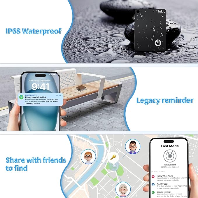 Smart Cards 4 Pack, Smart Tracker Card Compatible with Apple Find My (iOS only), Bluetooth Tracker with Wireless Charging, IP68 Waterproof Finder, Item Finder with Key Ring/Nylon Lanyard.(Black)