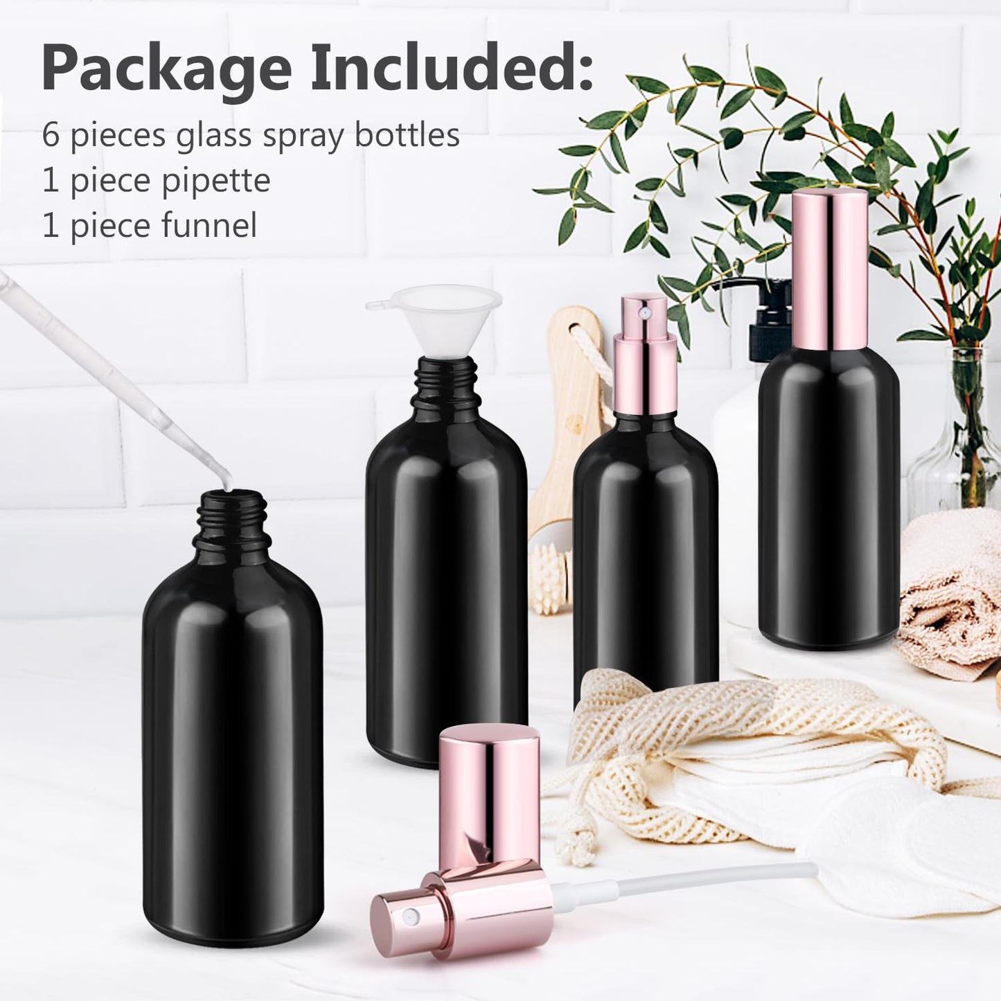 6 Pack 100ml/3.4oz Glass Spray Bottles Empty Perfume Atomizer Liquid Container with Fine Mist Sprayer & Rose Gold Cap for Essential Oil Perfume Travel (1 Pipette+1 Funnel)