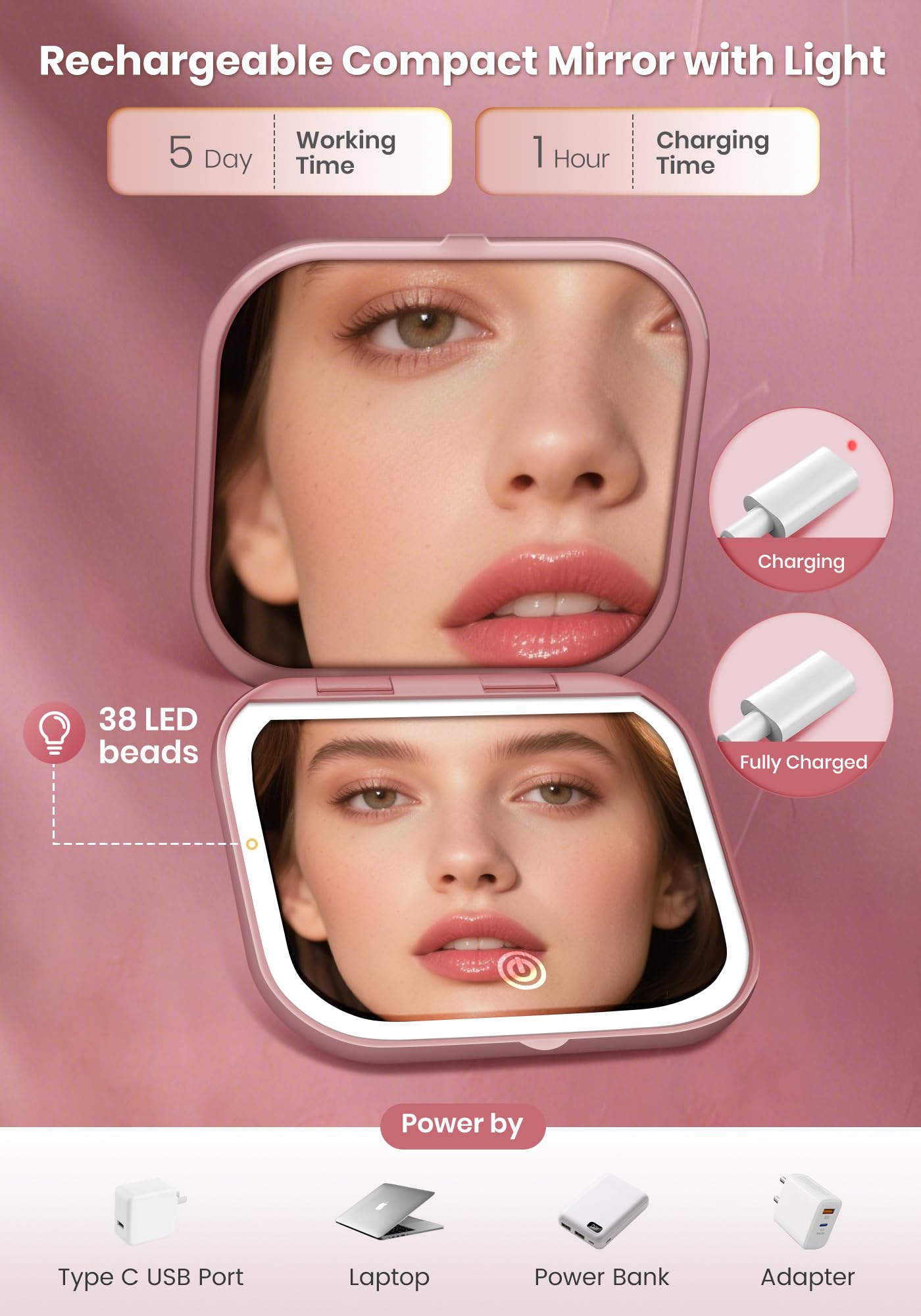 SisKokoro Magnifying Mirror with Light, Rechargeable 40X Compact Mirror with 3 Lighting Modes & Dimmable Brightness, Portable Travel Makeup Mirror with Light, Essentials for Travel, Pocket Purse Rose