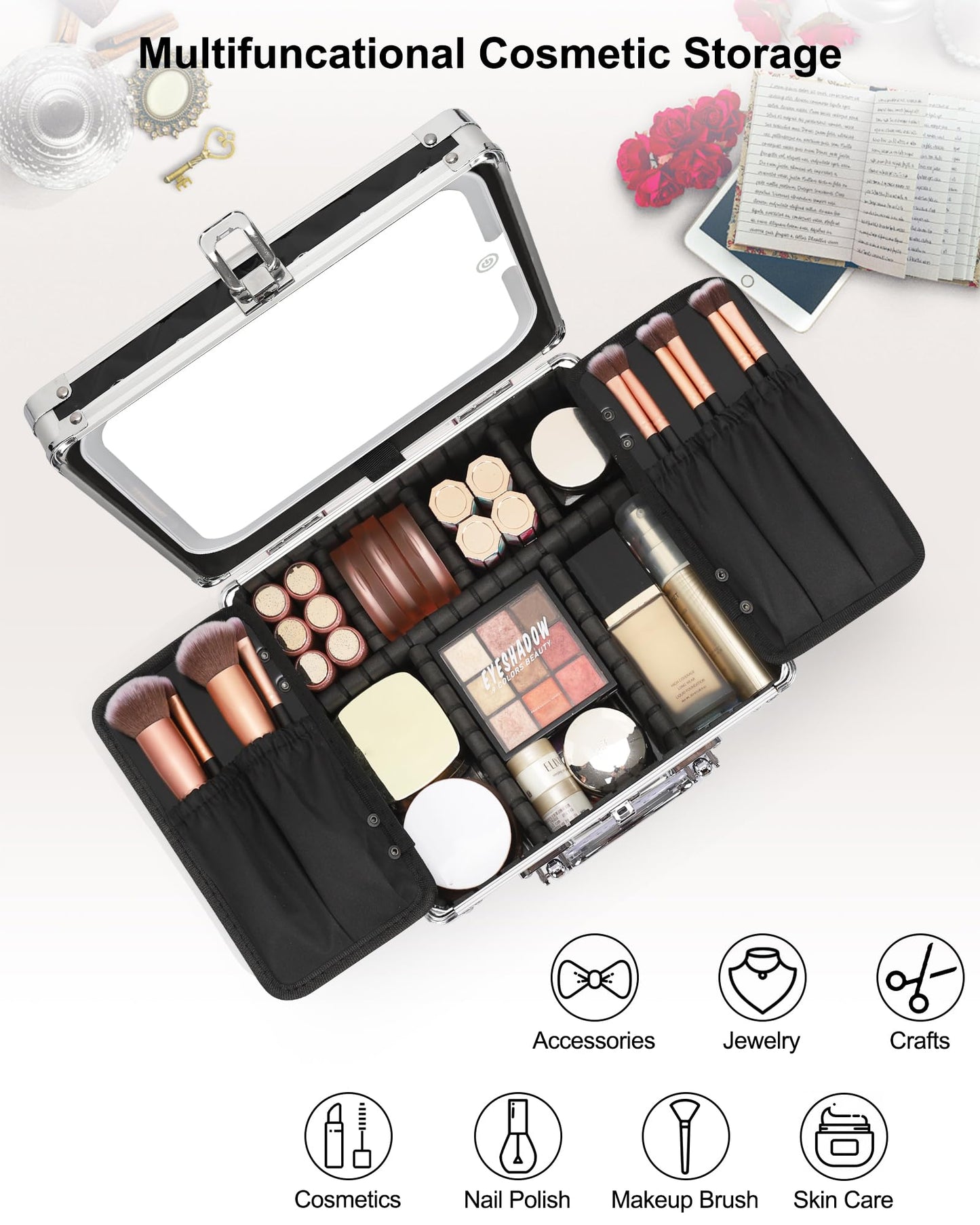 Relavel Makeup Bag with LED Mirror, Makeup Box Travel Train Case with Rechargeable Lighted Mirror, Cosmetic Brush Organizer Storage for Makeup Artists Gifts for Women and Girls (Black Quilted, Small)