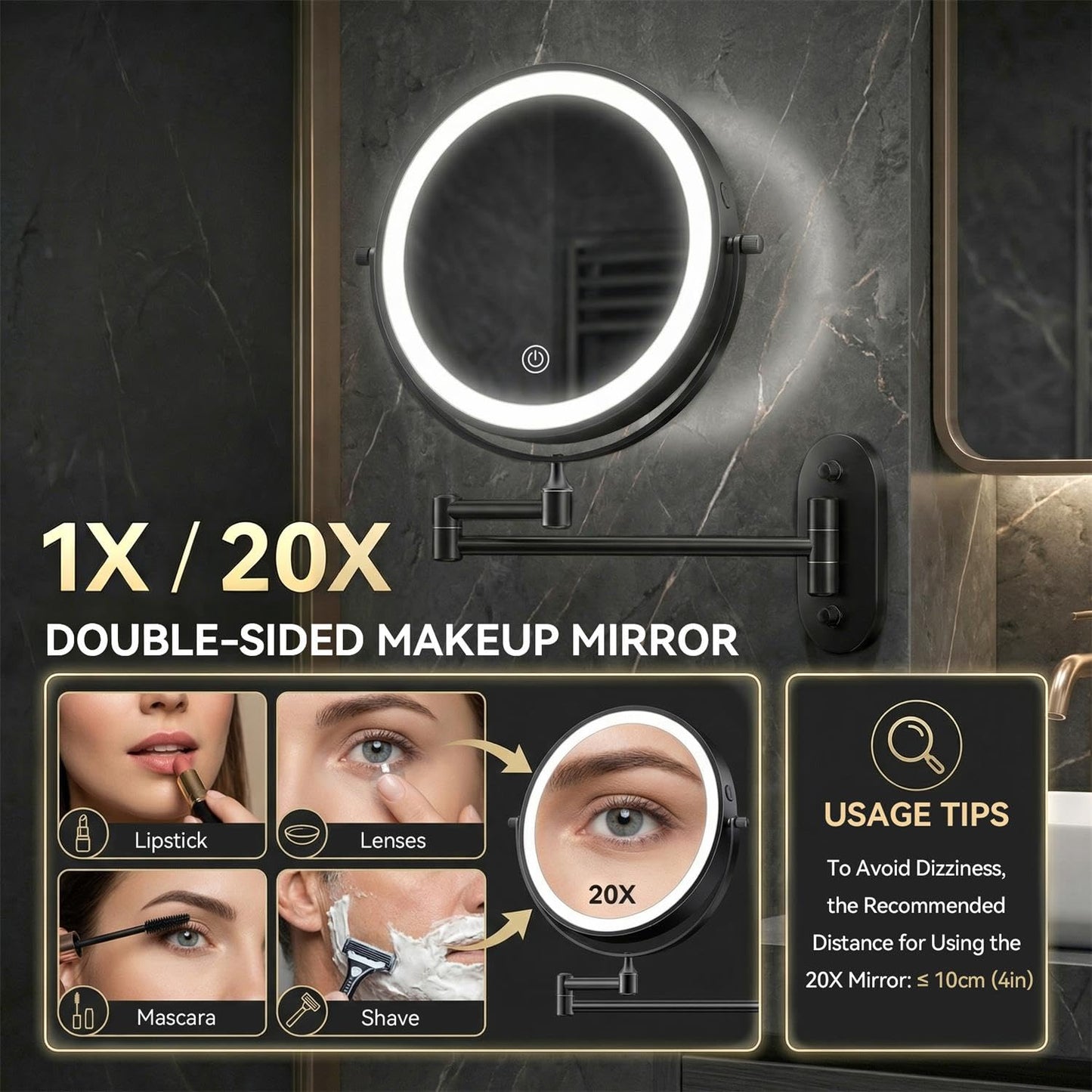 Auxmir 8'' Wall Mounted Lighted Makeup Mirror, 3200mAh Rechargeable Double-Sided 1X/20X Magnifying Mirror with Light, Touch Dimmable 3 Color Light, 360° Rotation Foldable Extended Arm, Black
