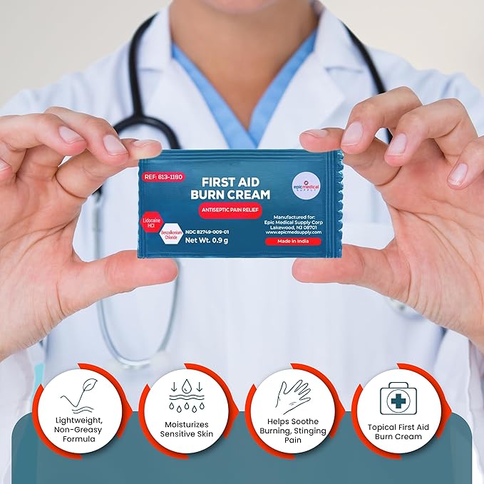 First Aid Burn Cream Packets Box of 144, Burn Ointment with Lidocaine and Benzalkonium Chloride for Minor Scrapes, Cuts, and Skin Irritations, Home and Medical Skincare
