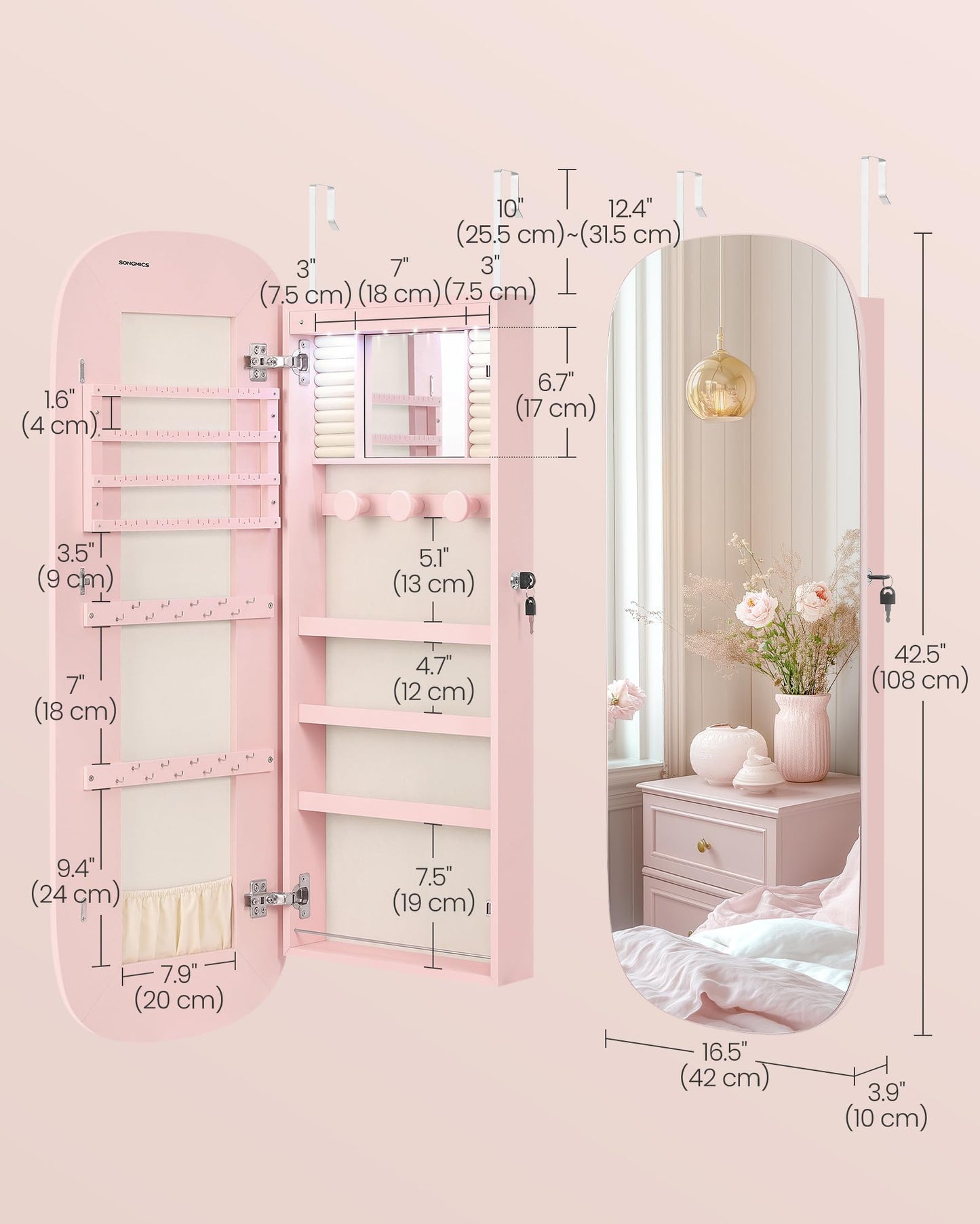 SONGMICS Jewelry Organizer, LED Jewelry Cabinet Wall/Door Mounted, Lockable Rounded Wide Mirror with Storage, Interior Mirror, 3.9 x 16.5 x 42.5 Inches, Jelly Pink Surface with Cream White Lining