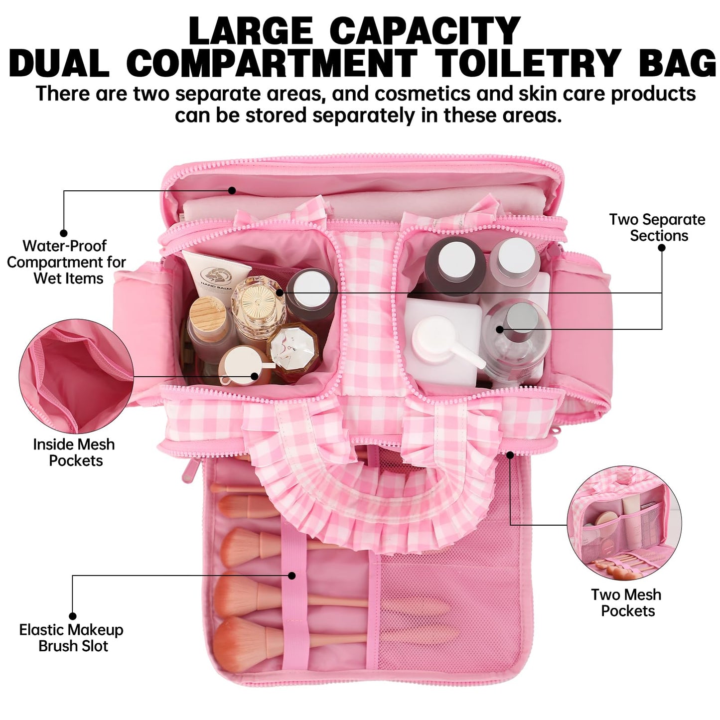 THOVSMOON Travel Toiletry Bag for Women,Water-resistant Large Gingham Makeup Cosmetic Organizer with Ruffles Handle for Traveling, Toiletries, Cosmetic, Essentials Accessories(Pink Gingham)