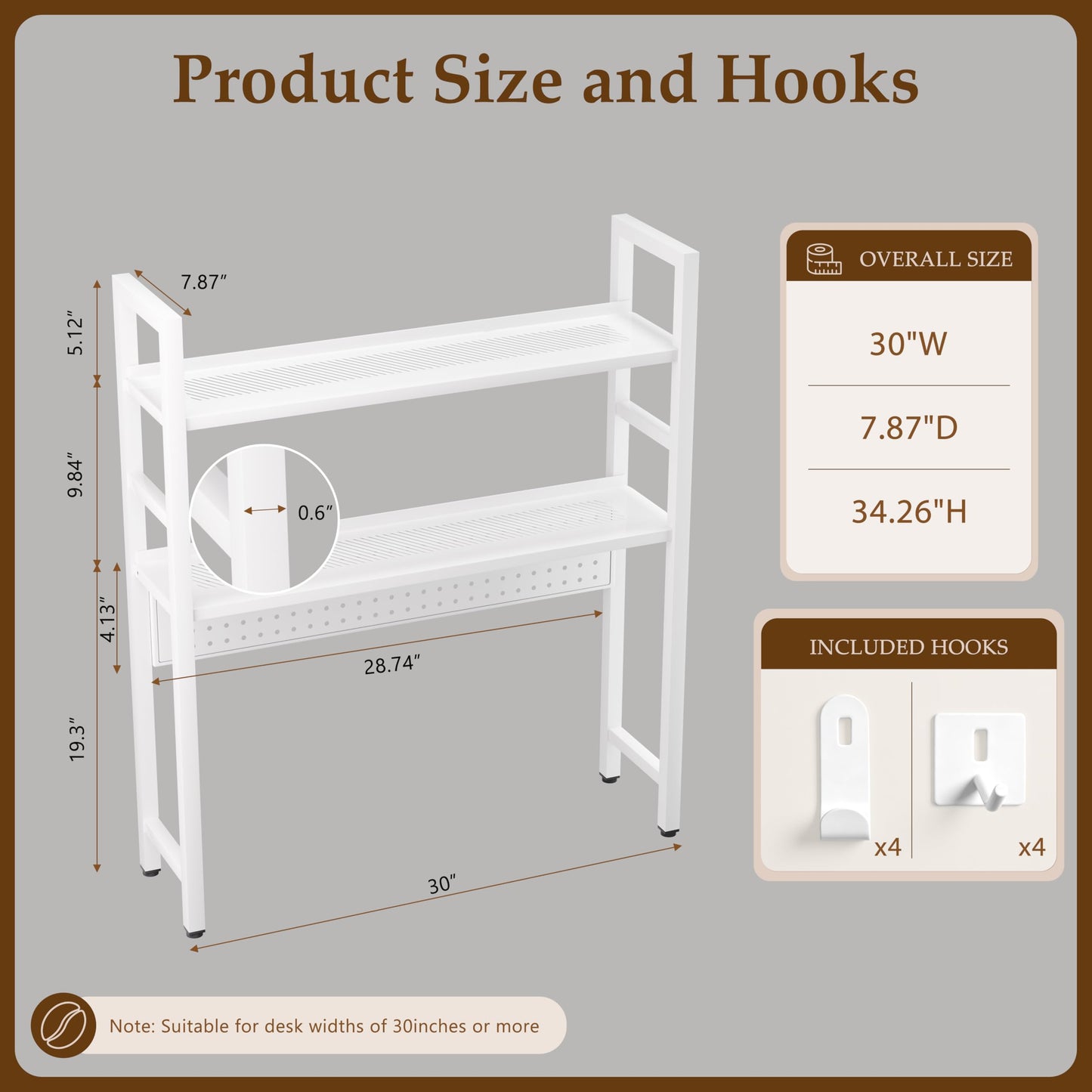 Brakki 2-Tier Desk Shelf, Desk Hutch Bookshelf, Desktop Shelf Bookcase with Pegboard and Hooks for Computer Monitor, Metal Desktop Hutch Storage Organizer for Dorm Home Office, 30" W， White