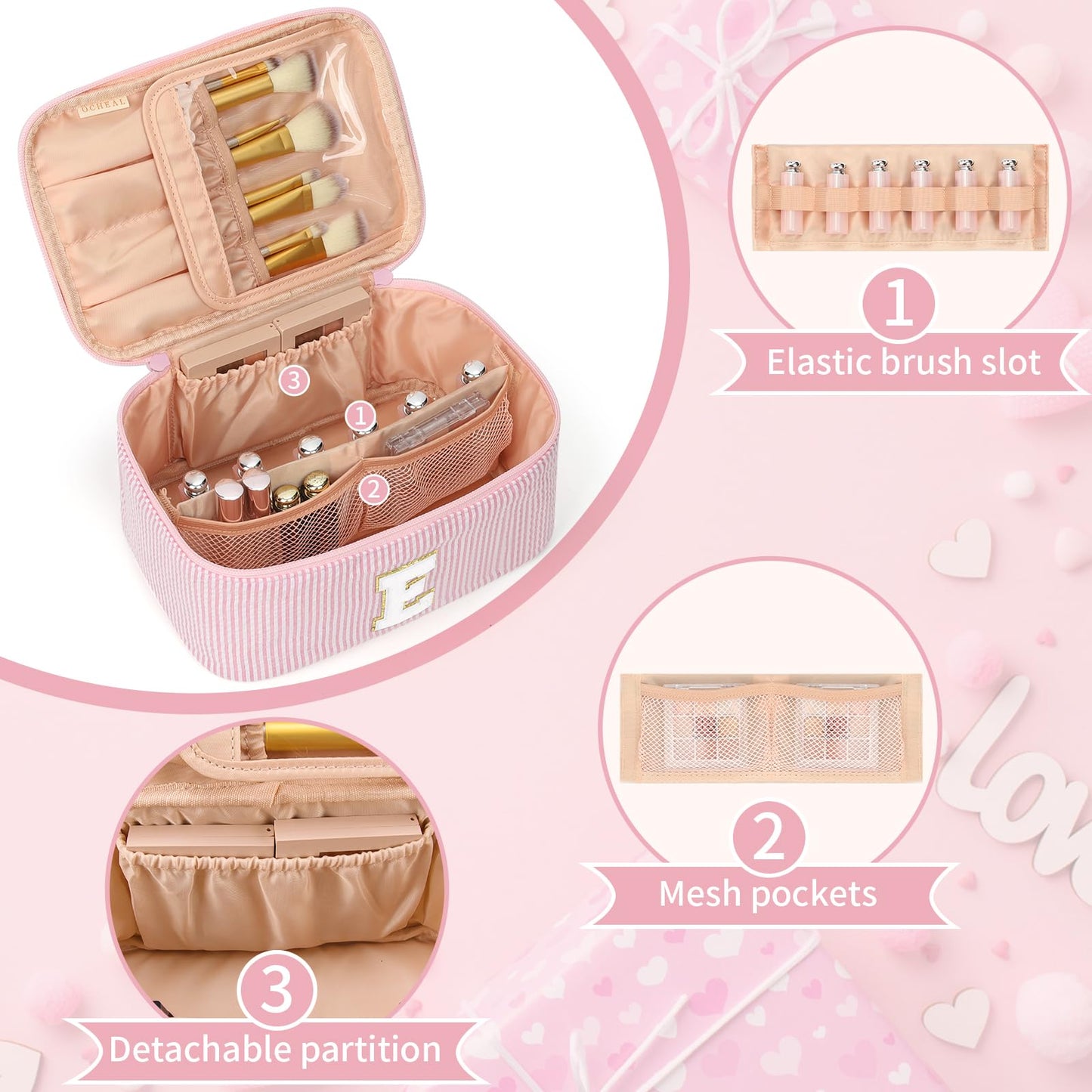 OCHEAL Makeup Bag for Women, Monogram Cosmetic Bag Pink Travel Makeup Case Beauty Toiletry Bag Organizer Personalized Gifts for Girls Bridesmaid, Sister, Wife, Friends Initial E