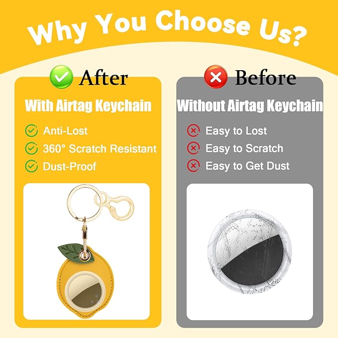 Leather Keychain for Airtag, Cute Protective Keychain Holder Compatible with Apple Air Tag,GPS Item Tracker Case Cover for Keys,Bags,Pets,Luggage(Lemon)