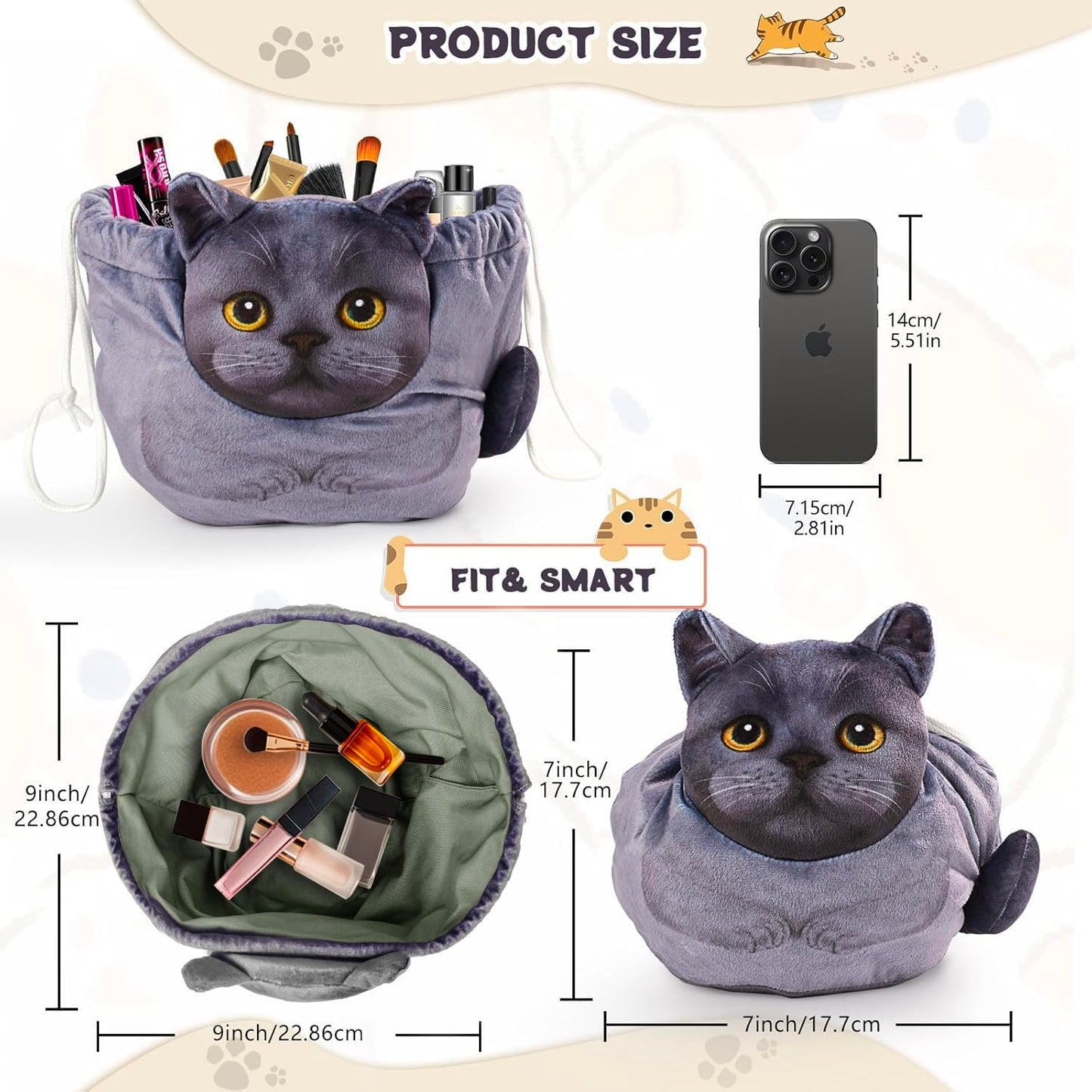 Openhahaha Drawstring Makeup Bag, Cat Makeup Bag, Travel Makeup Organizer, Cosmetic Pouch Bag, Cat Gift for Women, Lay Flat Makeup Bag Gifts for Cat Lovers(2-Pack)