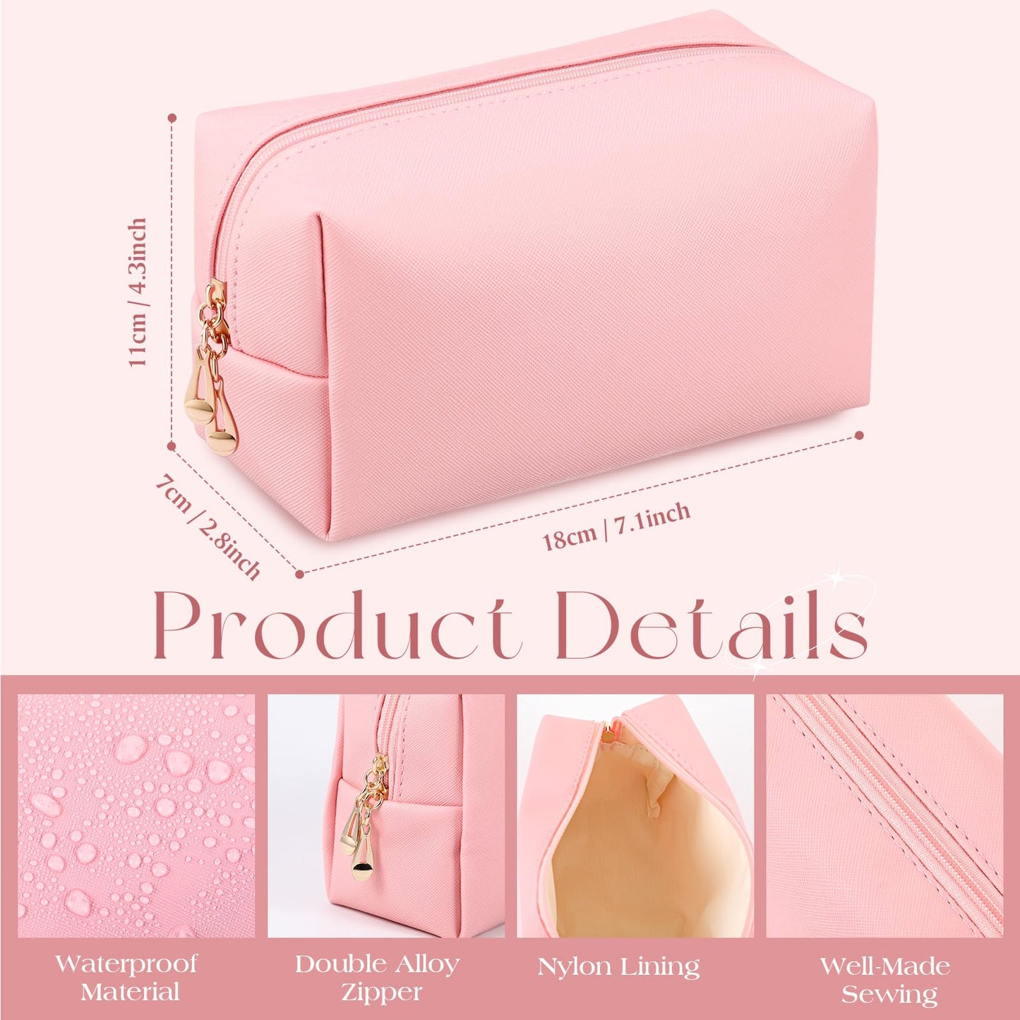 Kigeli Aesthetic Makeup Bags PU Leather Cosmetic Pouches Waterproof Plain Toiletry Bags Makeup Pouches Bulk for Women Party Gift Travel Storage Organizer(Pink Series,7.1 x 2.8 x 4.3 in)