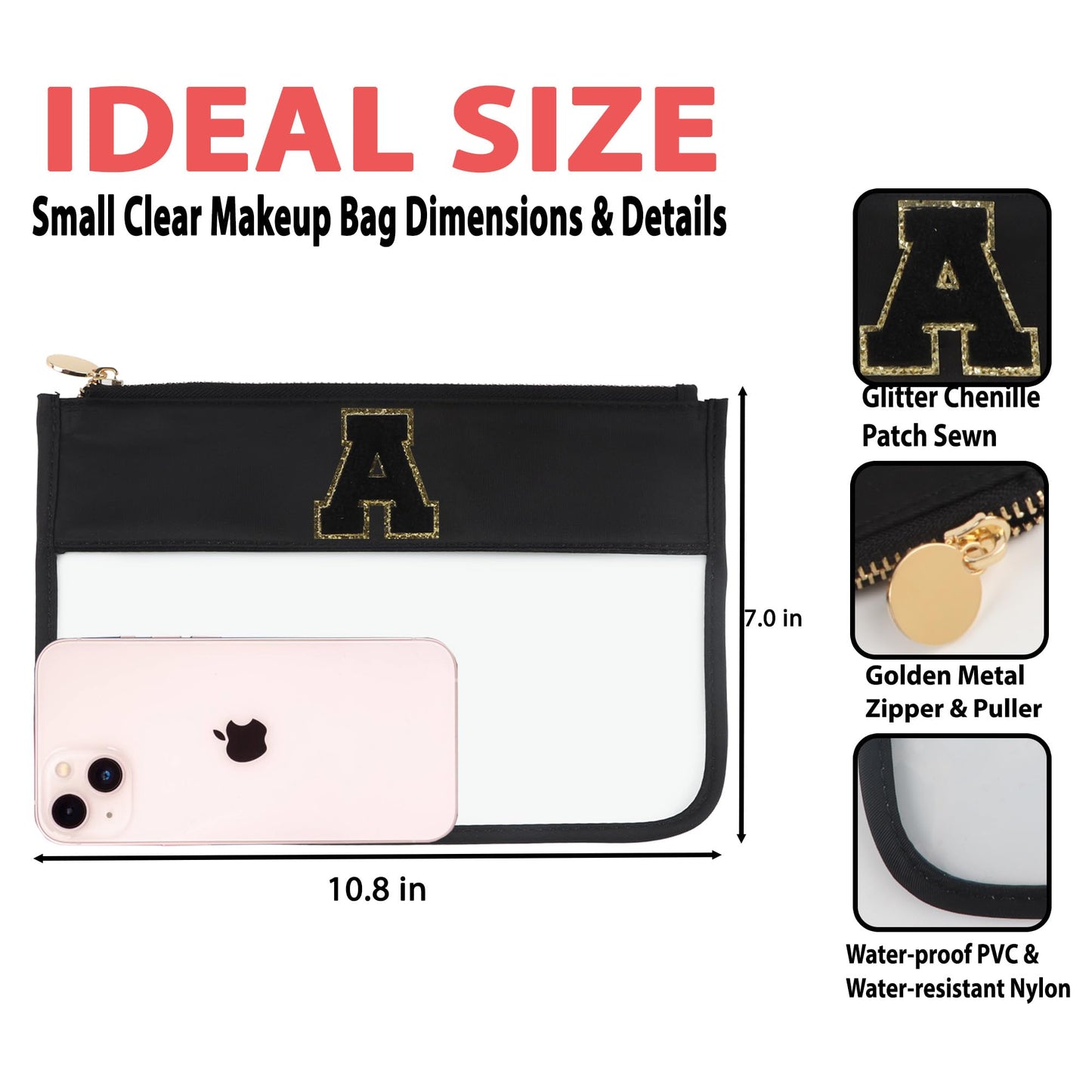 YogoRun 2pcs Toiletry Bags for Travelling Women Nylon Travel Makeup Organizers Clear Glitter Chenille Letter Skincare Cosmetic Brush Bag (Black-L)
