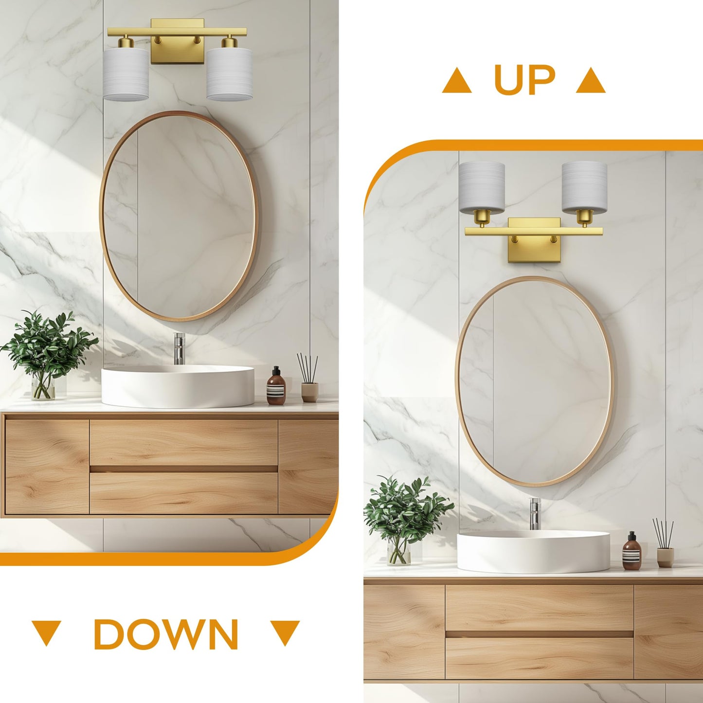 PARTPHONER Bathroom Light Fixtures, Bathroom Lighting Fixtures Over Mirror, Interior Classic Vanity Lights, Modern Vanity Light with Textured White Glass Shade, Brushed Gold, 2-Light