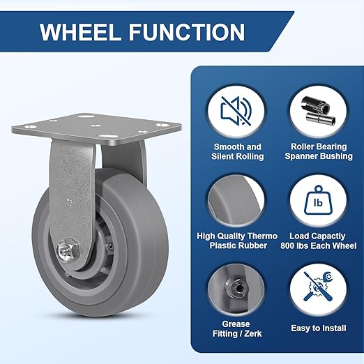 5 Inch Rubber Wheels (Flat Tread)- Heavy Duty Casters, Industrial Caster Wheels- with up to 800 LB Capacity- Use for Dollies, Utility and Maintenance Carts(2 Rigid)