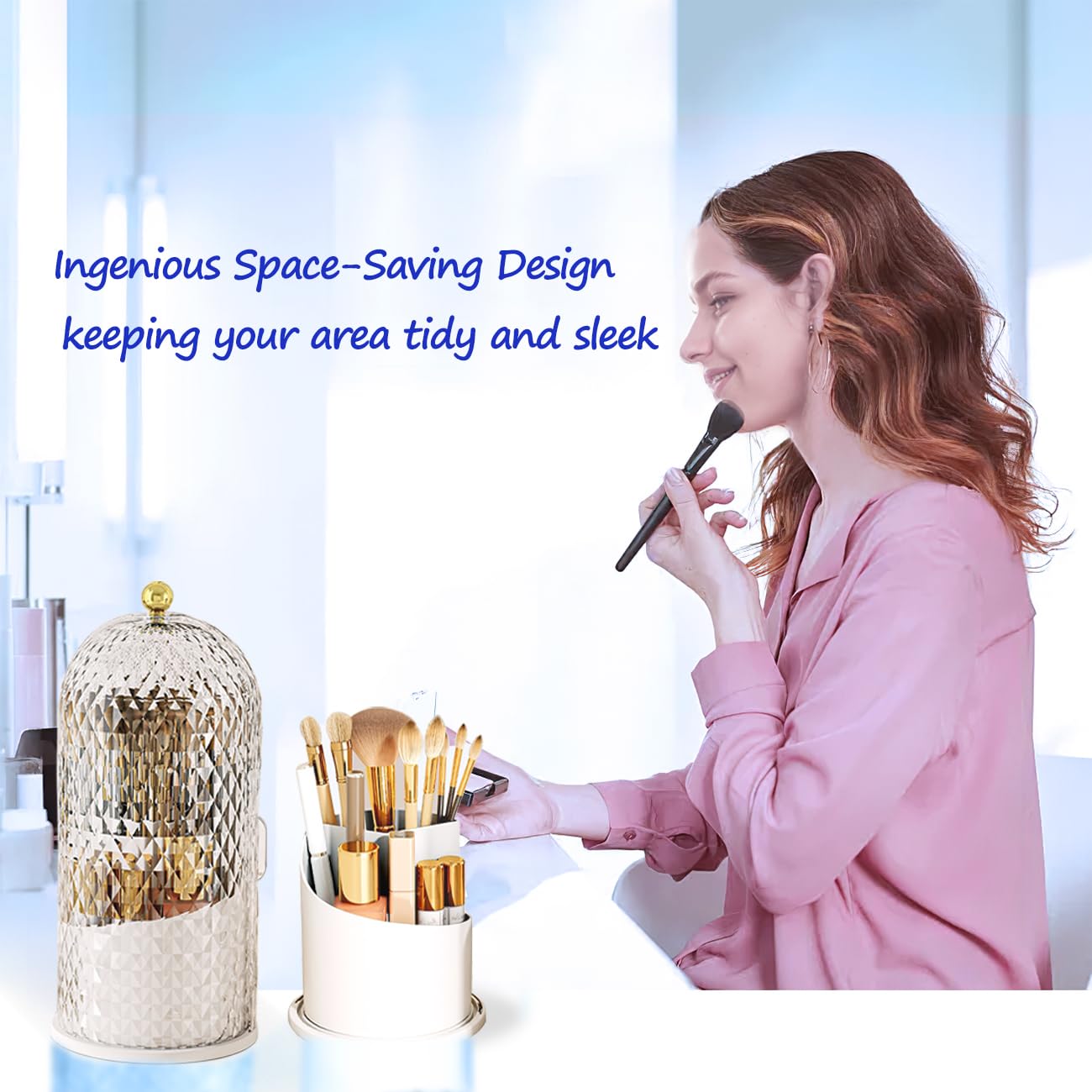 JIANGLAI Makeup Brush Holder with Lid, 360 Rotating Multifunction Clear Dustproof Skincare Cosmetic Tools Storage Organizer for Vanity Desktop Bathroom Countertop (White)