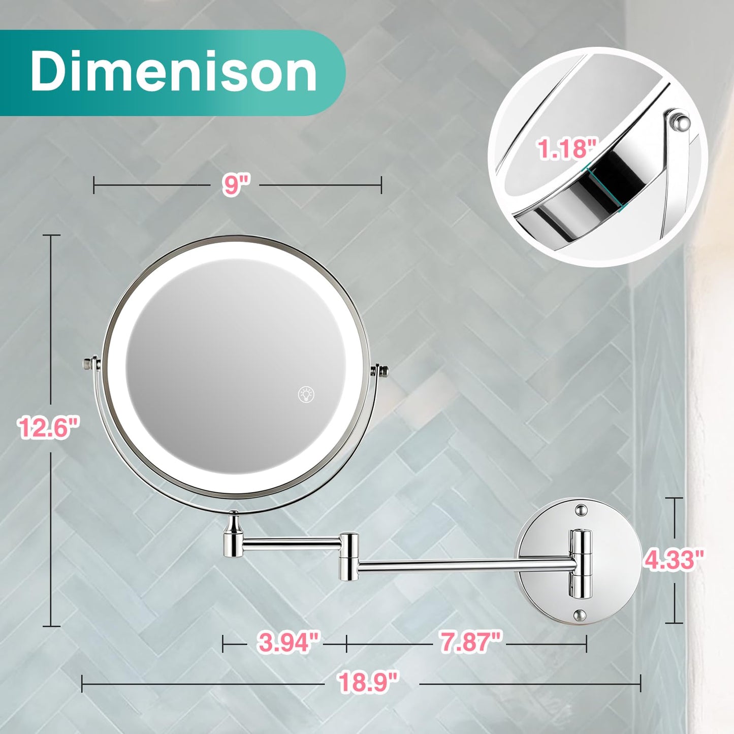 SANFANGIE Wall Mounted Lighted Makeup Mirror: 3000mAh Rechargeable Double Sided 1X/30X Magnifying Mirror with Light for Bathroom, 3 Color Lighting, Touch Screen Dimming, Extended Arm 360 Rotation