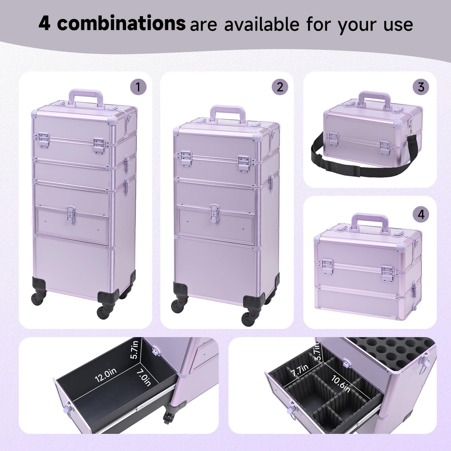 Somduy Rolling Makeup Case with Drawer, Makeup Train Case, 4 in 1Cosmetology Case on Wheels, Christmas Gift, Large Makeup Case Organizers, Profesional Cosmetic Case for Salon Barber, Purple