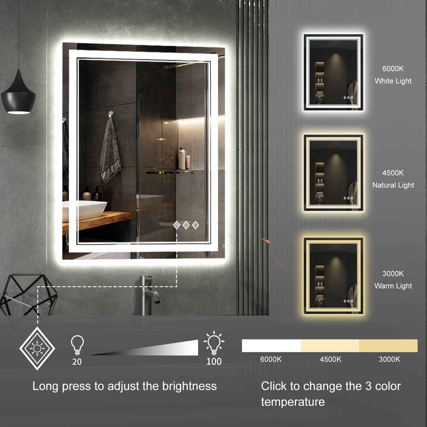 VanPokins LED Bathroom Mirror, 24x32 Inch Gradient Front and Backlit Vanity Mirror with Lights, 3 Colors Dimmable CRI>90, IP54 Enhanced Anti-Fog, Hanging Plates Bathroom Mirror with Lights