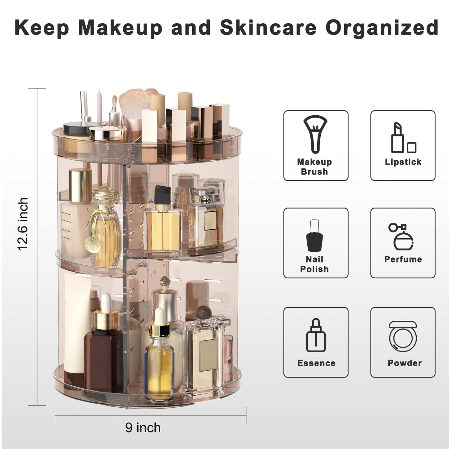 360 Rotating Makeup Organizer with Lipstick Slots, DIY 8 Adjustable Height Spinning Skincare Organizers, Brush and Perfume Storage Carousel, Cosmetic Display Case for Vanity Bathroom Countertop