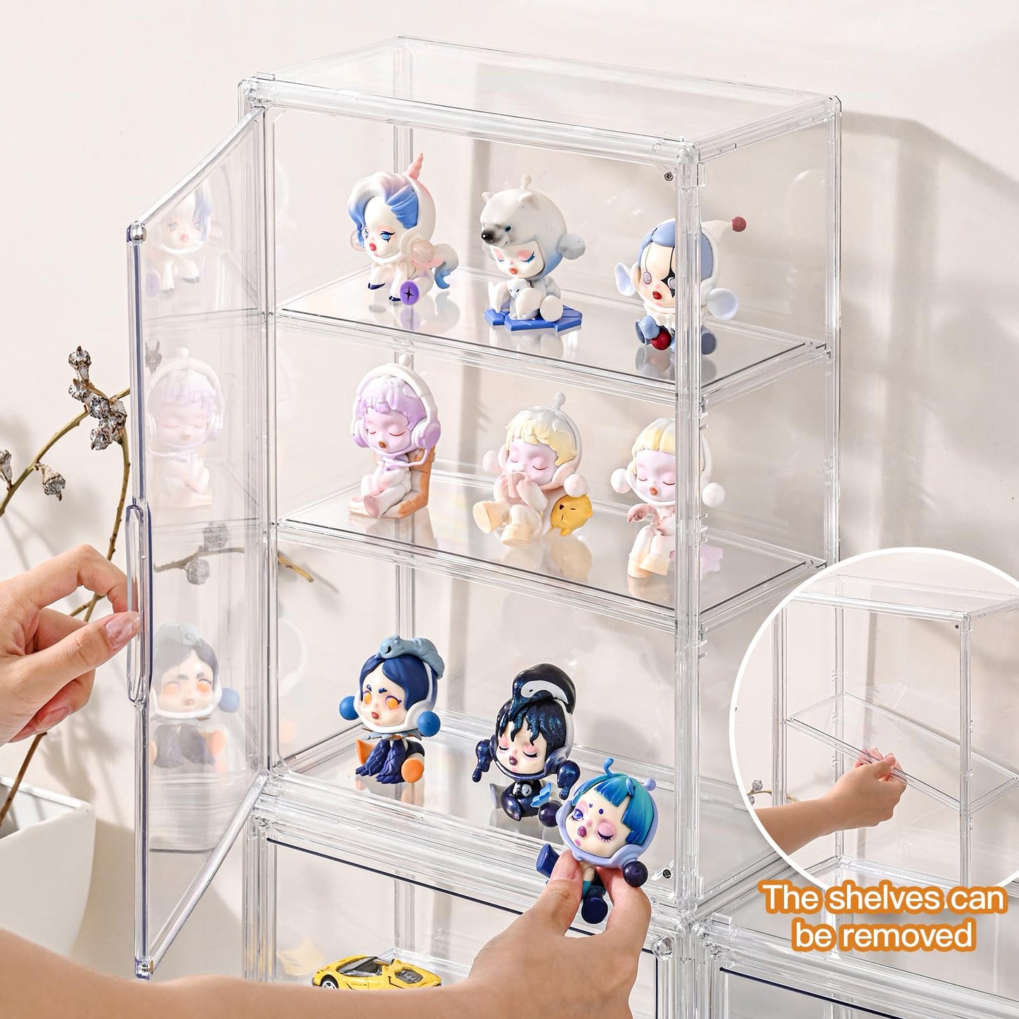 VGLXTRNT 3 Tier Clear Display Case for Figures, Wall-Mounted Acrylic Storage Organizer Box, Stackable Display Cabinet with Magnetic Door & Removable Shelves, Showcase for Collectibles, Figures