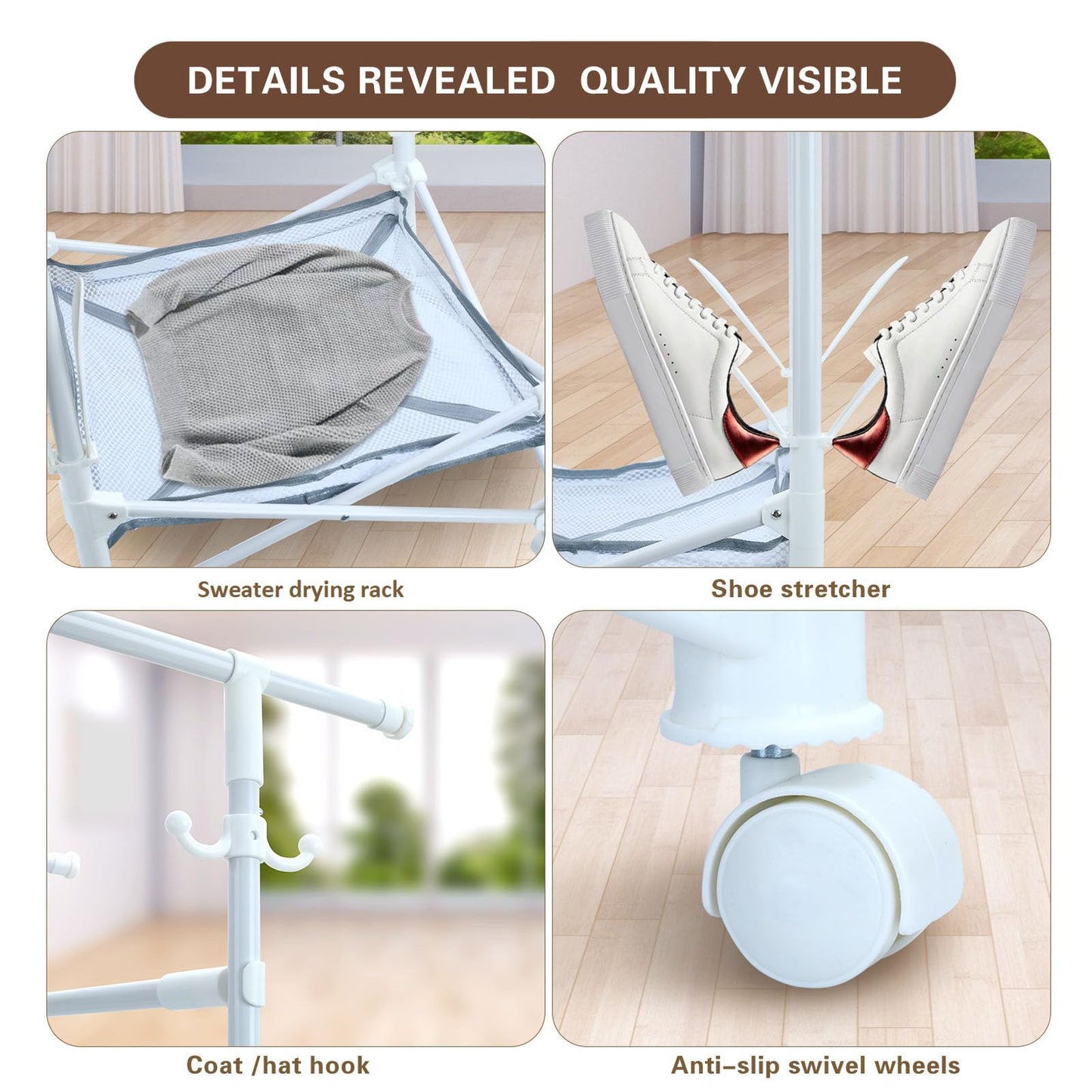 YrsFish Foldable Clothes Drying Rack,Double Rod Extendable 33.1–56.7 Inches,Drying Rack Clothing with Wheels,Sweater Drying Net,Shoes Drying Rack,Hat Hanger