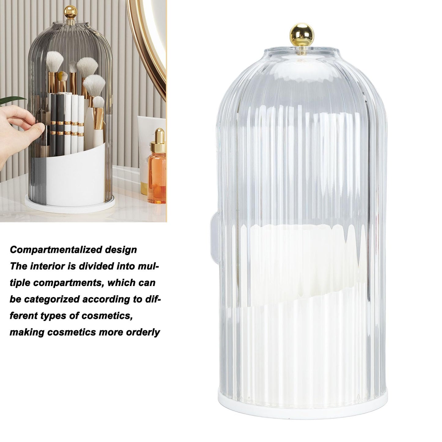 Miriam Song Clear Dustproof 360 Degree Rotating Makeup Brush Holder Organizer, Ideal for Vanity, Desktop, Bathroom Countertop, Includes Toothbrush Holders (White Base with Clear Lid)