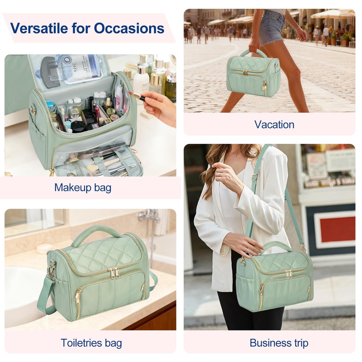 GR69N Travel Toiletry Bag Large Cosmetic Makeup Bag Organizer for Women,Wide-open Make Up Bag Waterproof Makeup Case Travel Bag with Handle and Dividers for Toiletries,Essentials,Accessories,Green