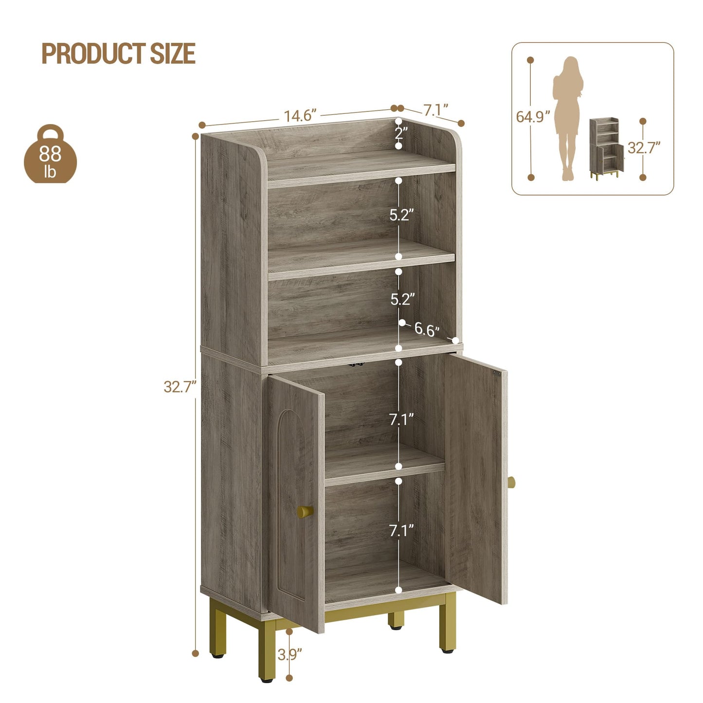 Hzuaneri Bathroom Storage Cabinet, Small Floor Cabinet with 2 Door and Shelves, Toilet Paper Cabinets, Bathroom Organizer with Adjustable Shelf, for Small Spaces Greige,Arch Door,7.1" Dx14.6 Wx32.7 H