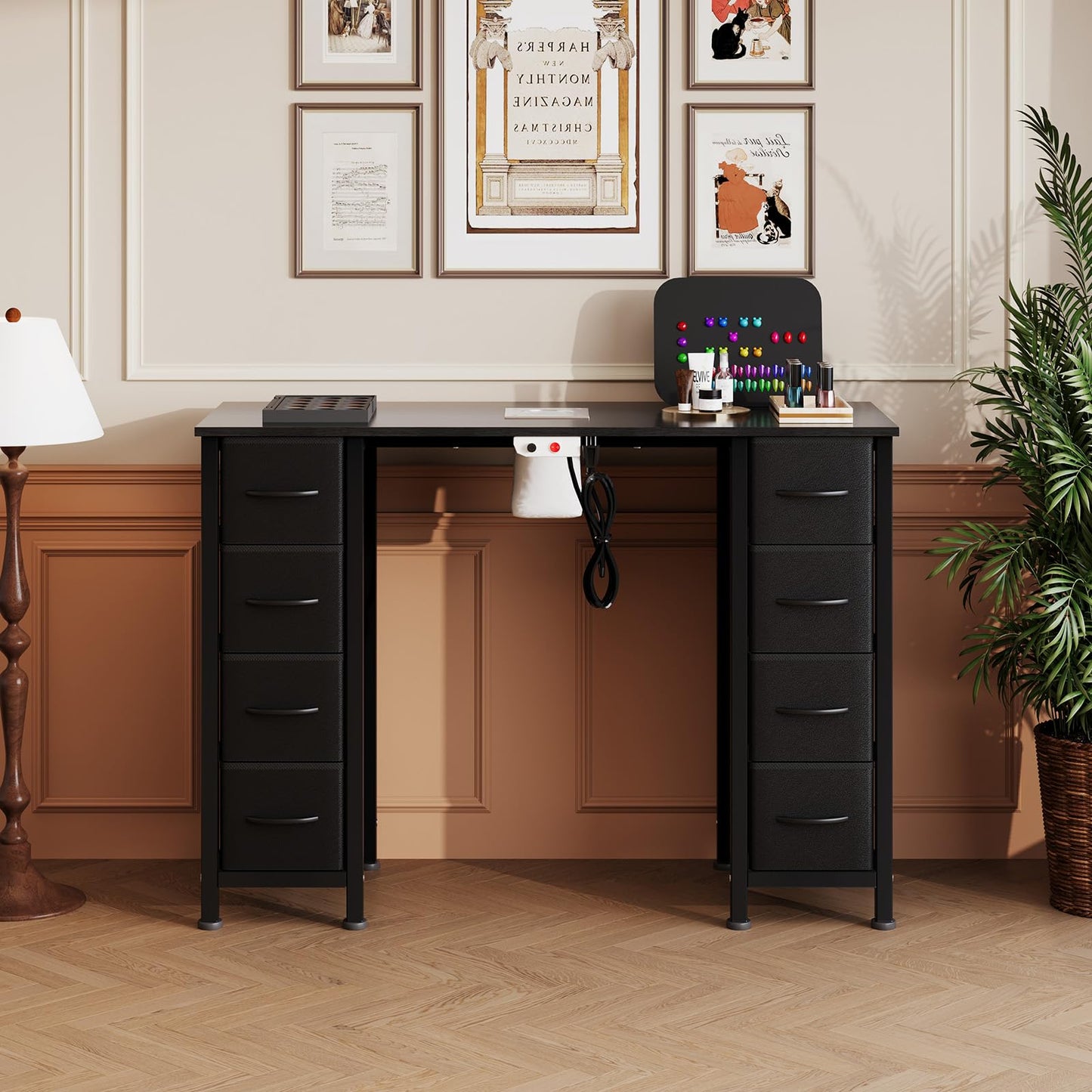DrawXynth Nail Desk, Manicure Table, Nail Beauty Salon Workstation w/Electric Dust Collector, 8 Fabric Drawers