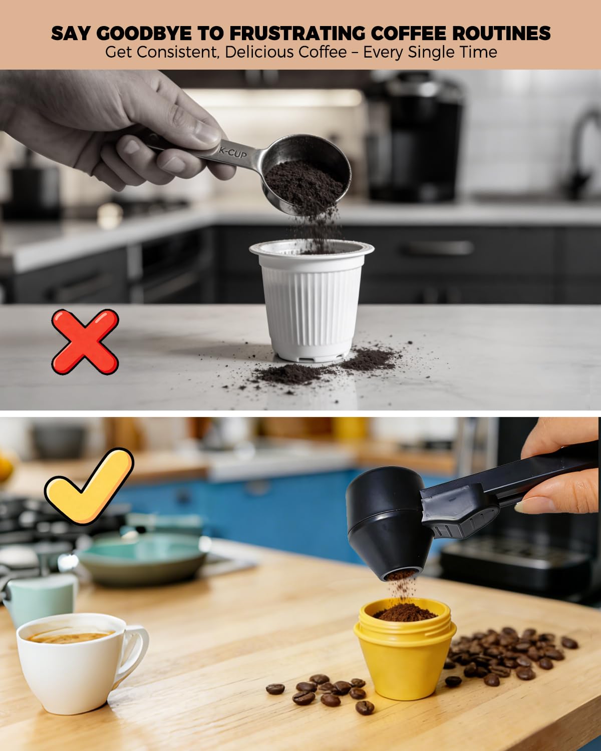 2 TBSP No‑Spill Coffee Scoop with Funnel, Mess‑Free Measuring Spoon for Ground Coffee, Protein Powder & Tea, Reusable Coffee Pod Refill, Equipped with Cleaning Brush, Black, 2 Pack