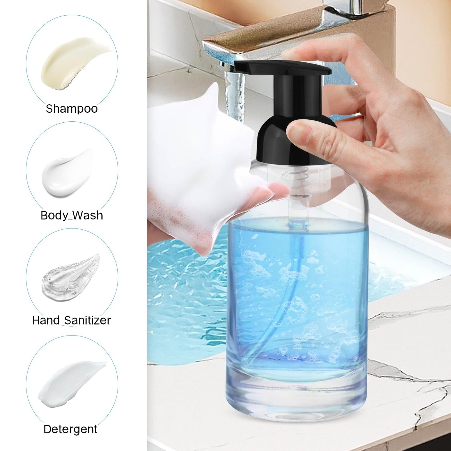 DynnnDy 350ml 2Pcs Premium Glass Foam Pump Bottles Travel Foaming Dispenser for Body Wash,Shampoo,Toiletries,Dish Liquid Soap