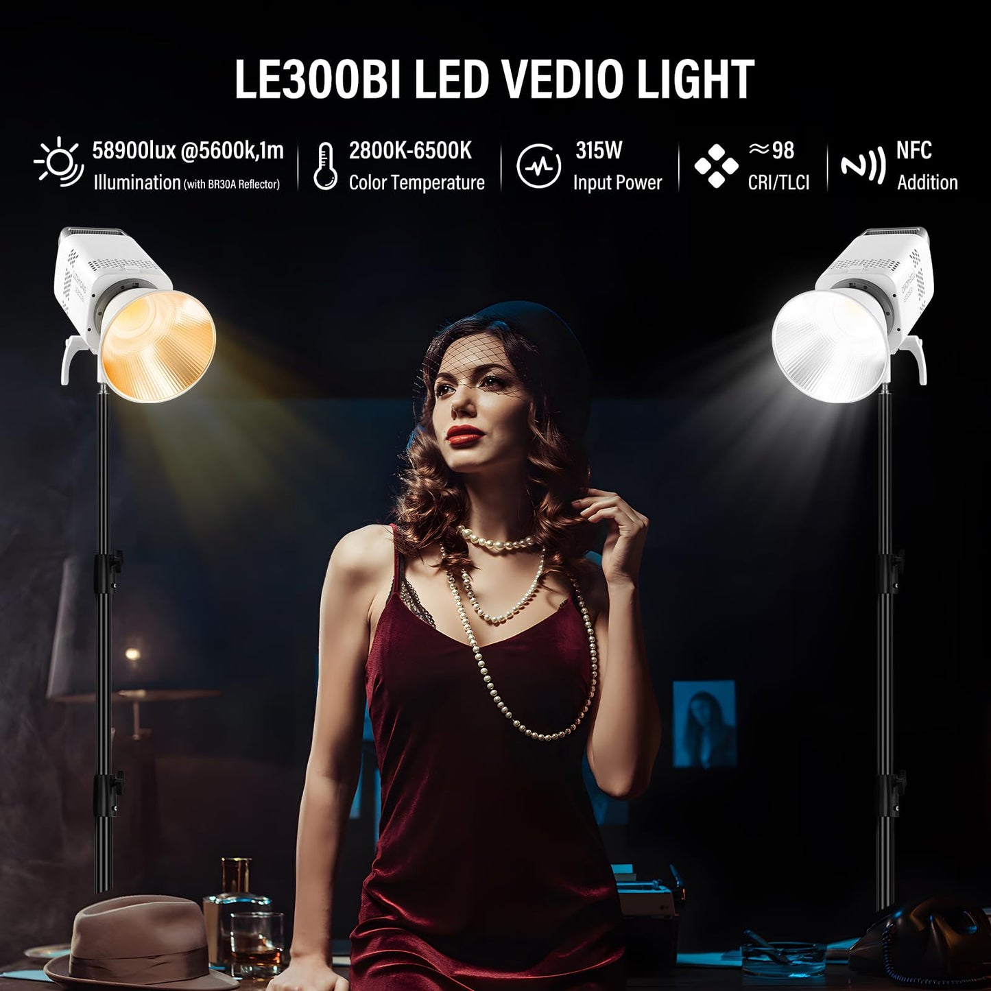 GODOX 3Pack LE300Bi Light Kit, Godox Litemons LE300Bi Video Light with Softbox Light Stand, Bowens Mount, DMX/Bluetooth APP Control, NFC Connection, 2800K~6500K, 58900Lux@1m, CRI/TLCI98, 11 Fx Effects