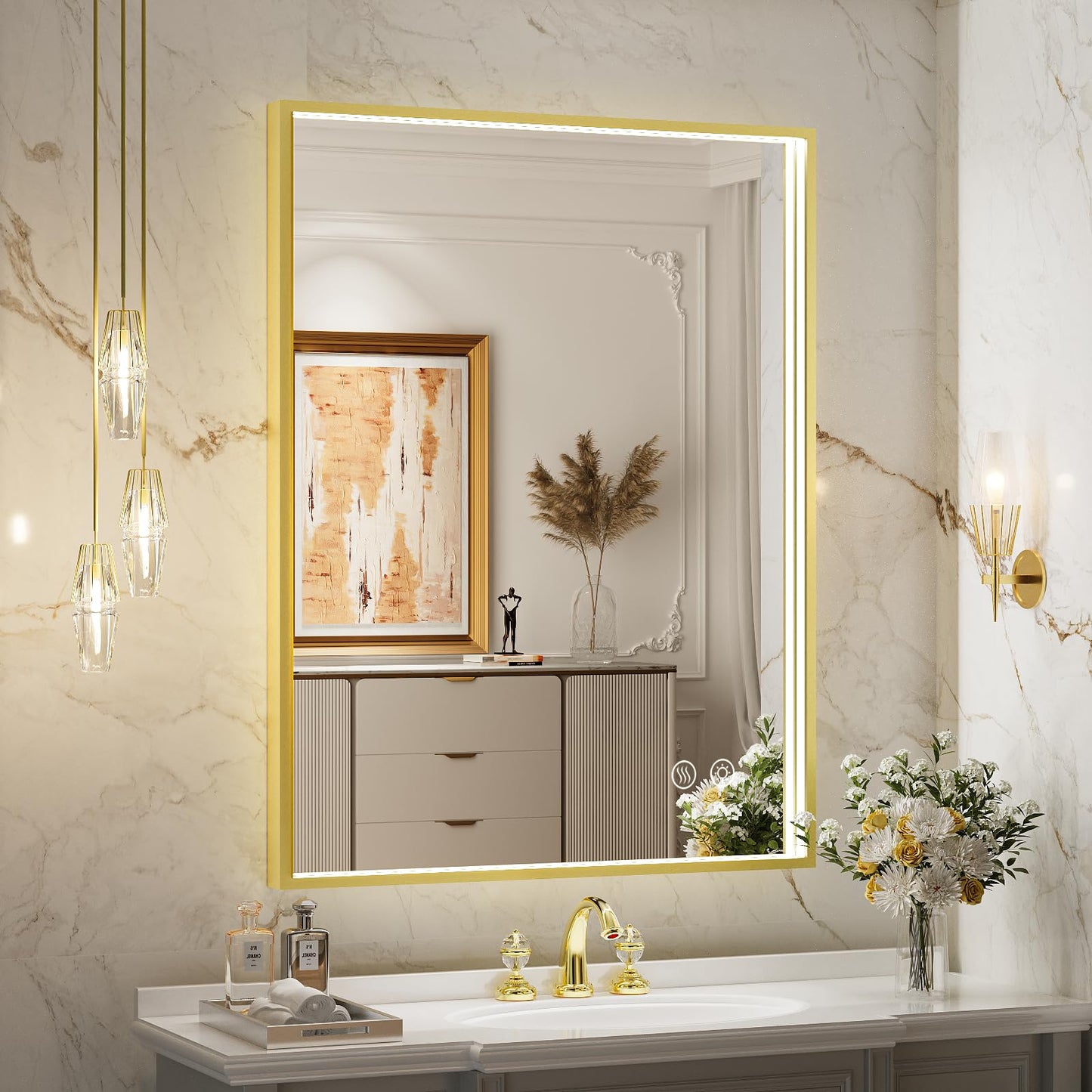 FTOTI 24x32 Inch LED Bathroom Mirror with Lights,Gold Frame