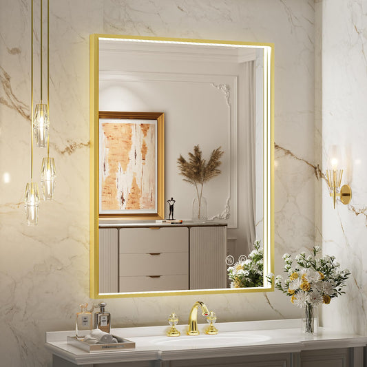 FTOTI 24x32 Inch LED Bathroom Mirror with Lights,Gold Frame