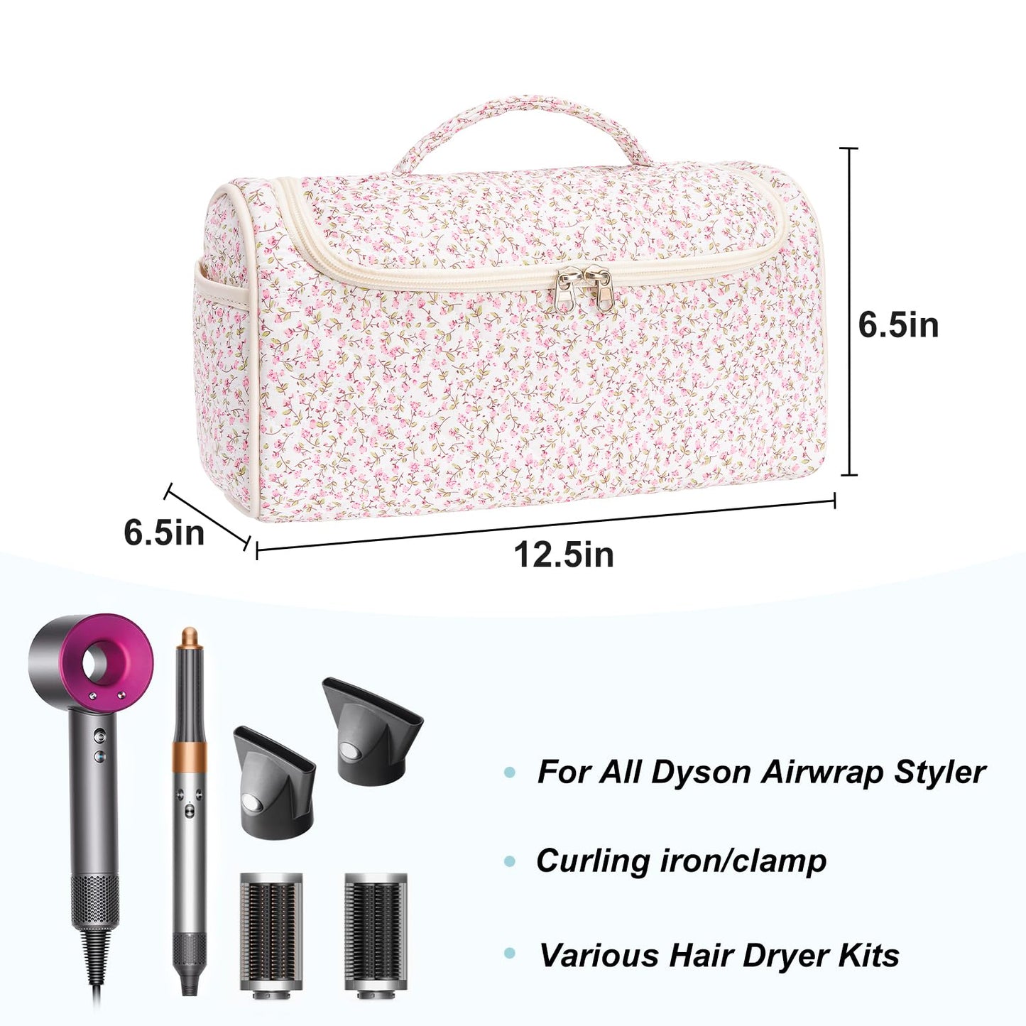 idoltimes Quilted Hair Tools Travel Bag, Cute Portable Organizer Case with Hanging Hook, Compatible with Dyson Airwrap Styler,Hair Curler Accessories