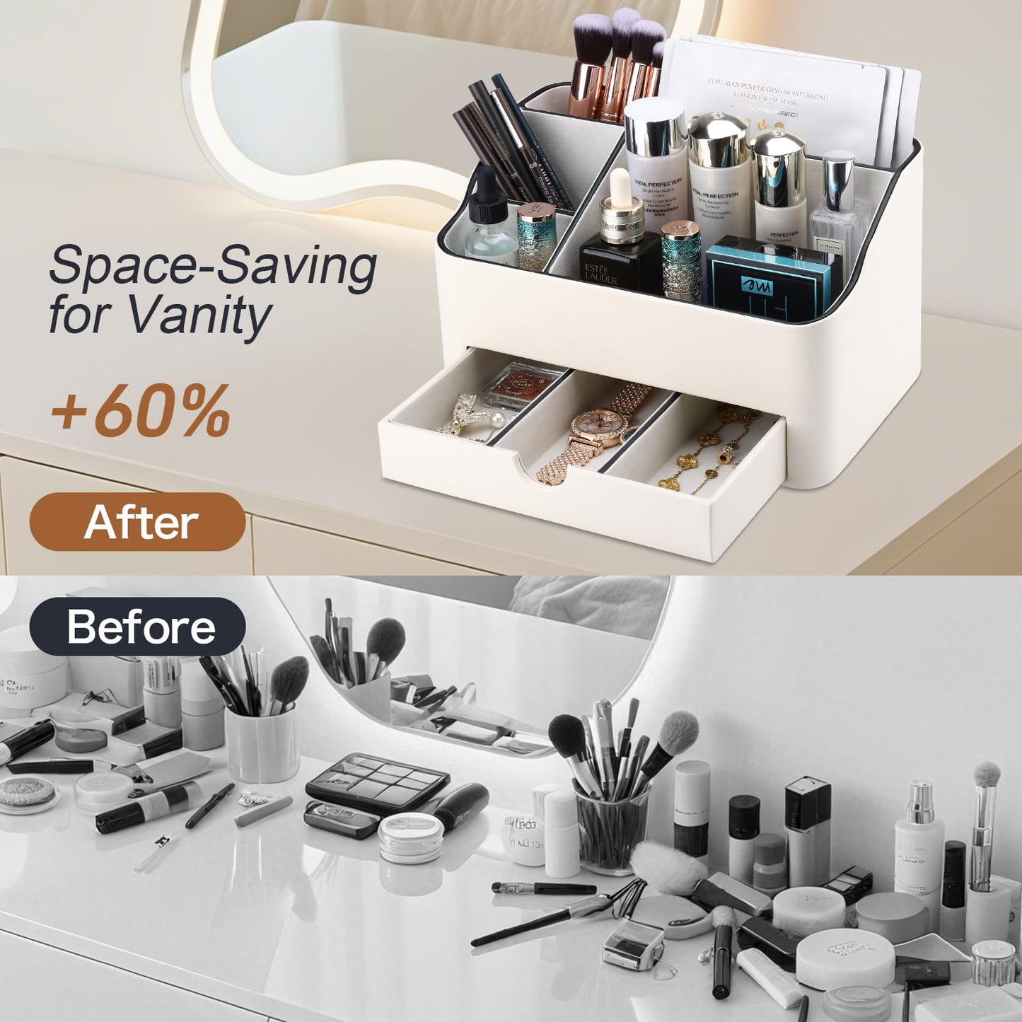 KINGFOM PU Leather Makeup Organizer with Drawer, Skincare Organizer for Vanity, Cosmetic Storage for Dresser Countertop, Beauty Holder for Lipstick Brush Skincare (Ivory White)