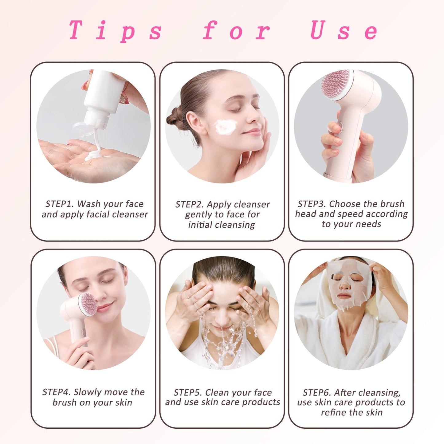 Electrical Facial Cleansing Brush, Multi-Function Face Wash Brush with Base and 2 Brush Heads, Portable Face Scrubber for Deep Skin Cleaning and Gentle Exfoliating (Pink)
