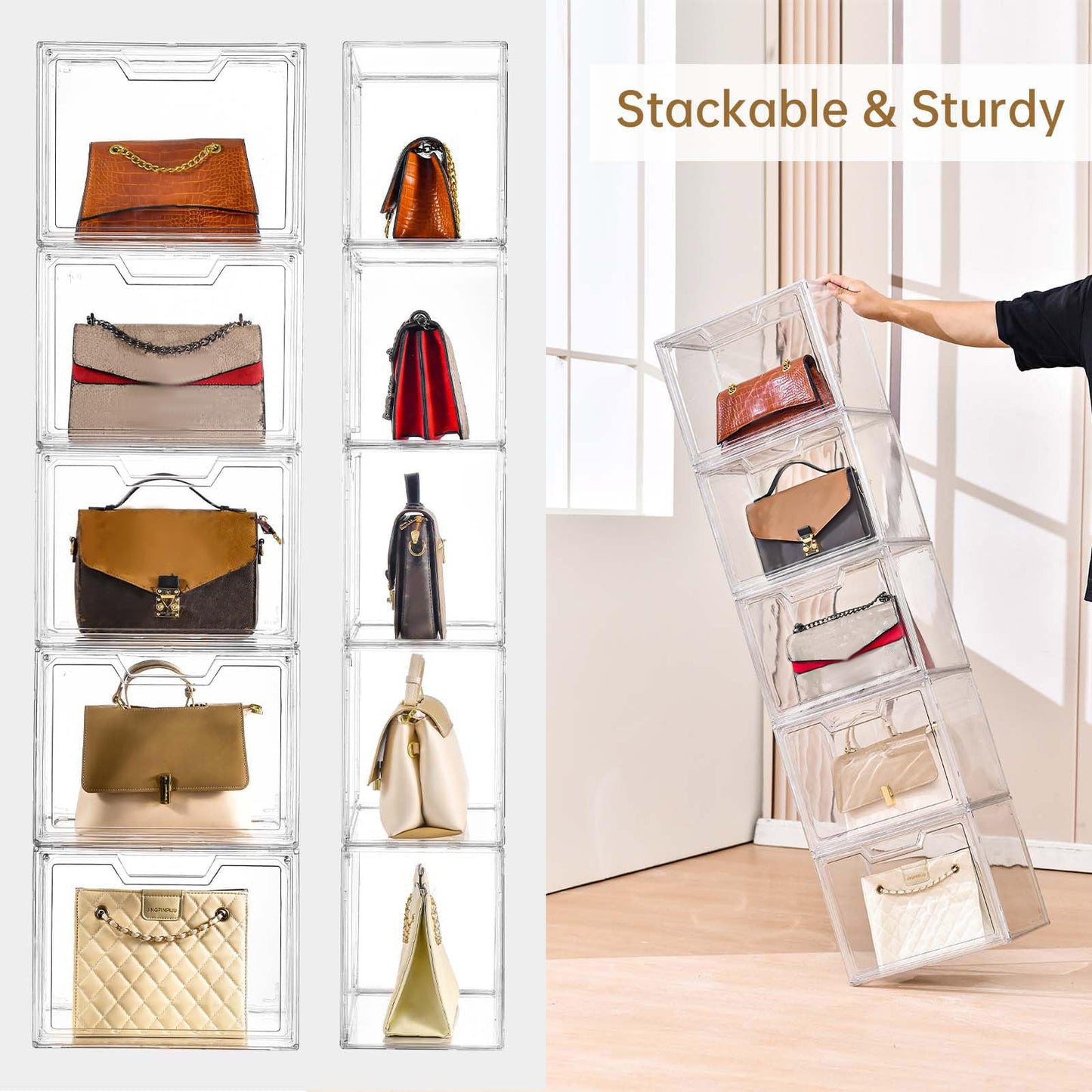 Stackable Purse Organizer for Closet, 5 Pack Clear Acrylic Display Case