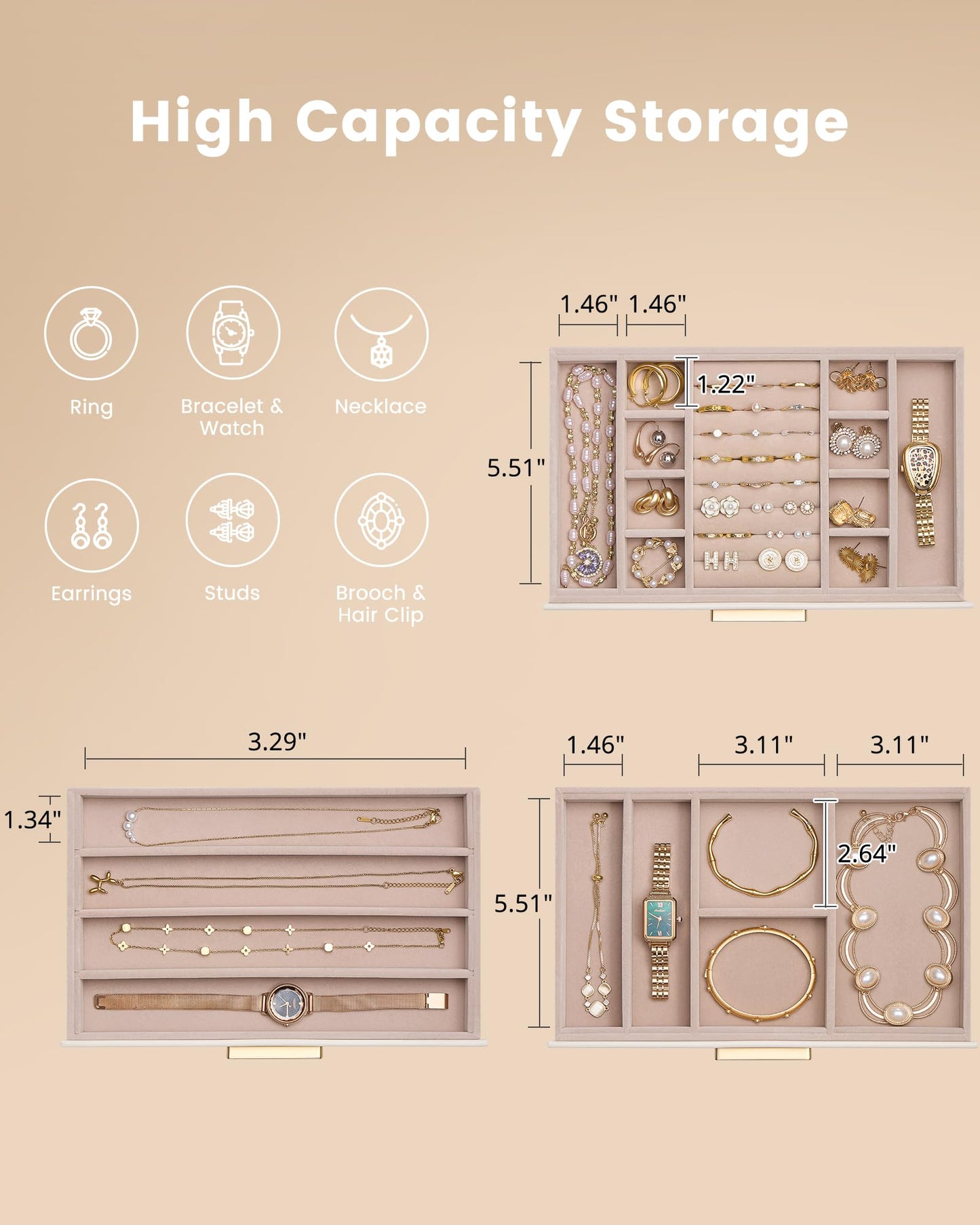 Lolalet Jewelry Box Organizer, 3-Layer Jewelry Organizers and Storage Case with Glass Lid, Ring Earring Bracelet Necklace Holder Organizer, Mothers Day Gifts for Mom, Women Girls -3Layer, Beige