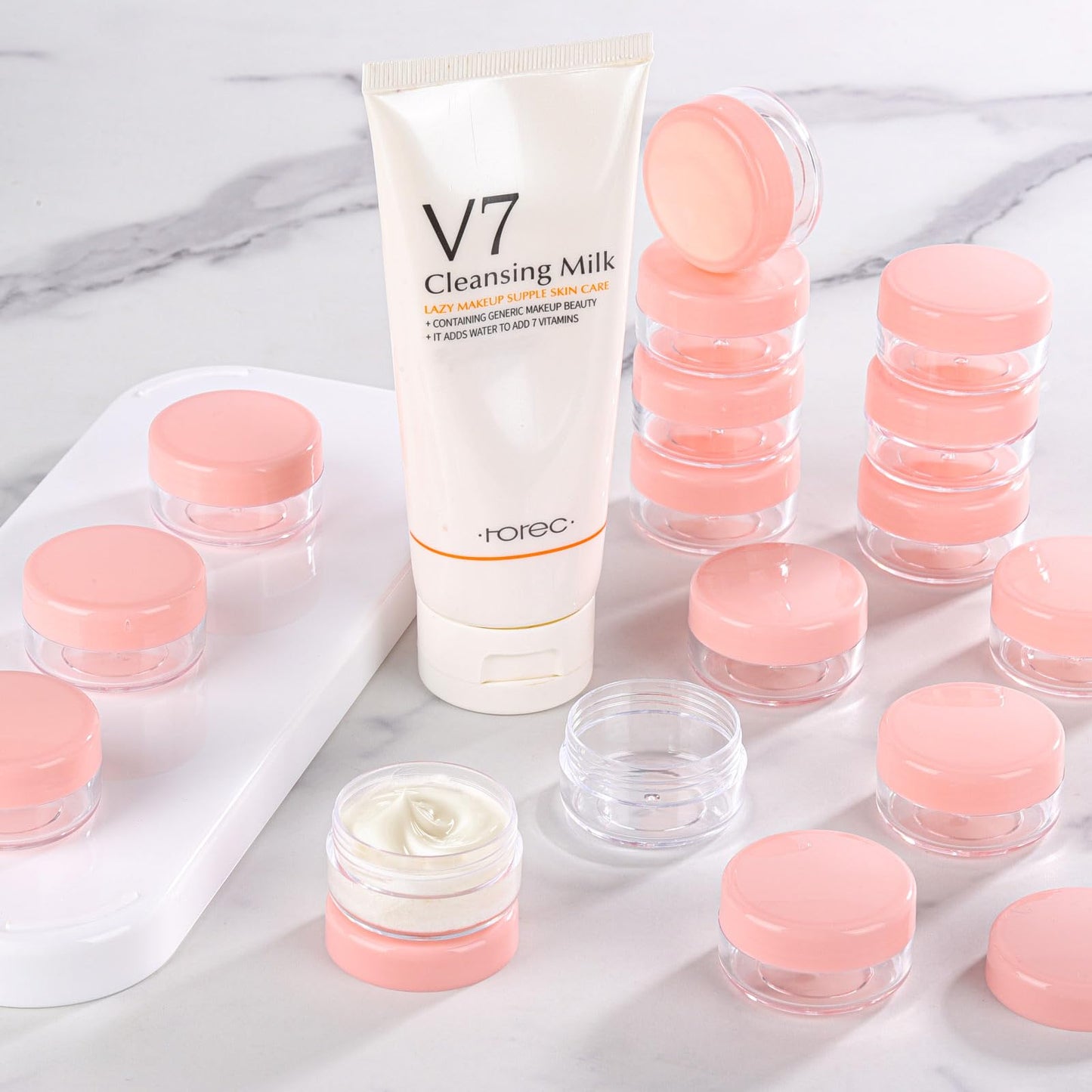 Refillable Cosmetic Sample Jars - 100 Pack 10g (0.35oz) Pink Small Travel Containers with Lids + 10 Mini Makeup Spatulas - BPA Free