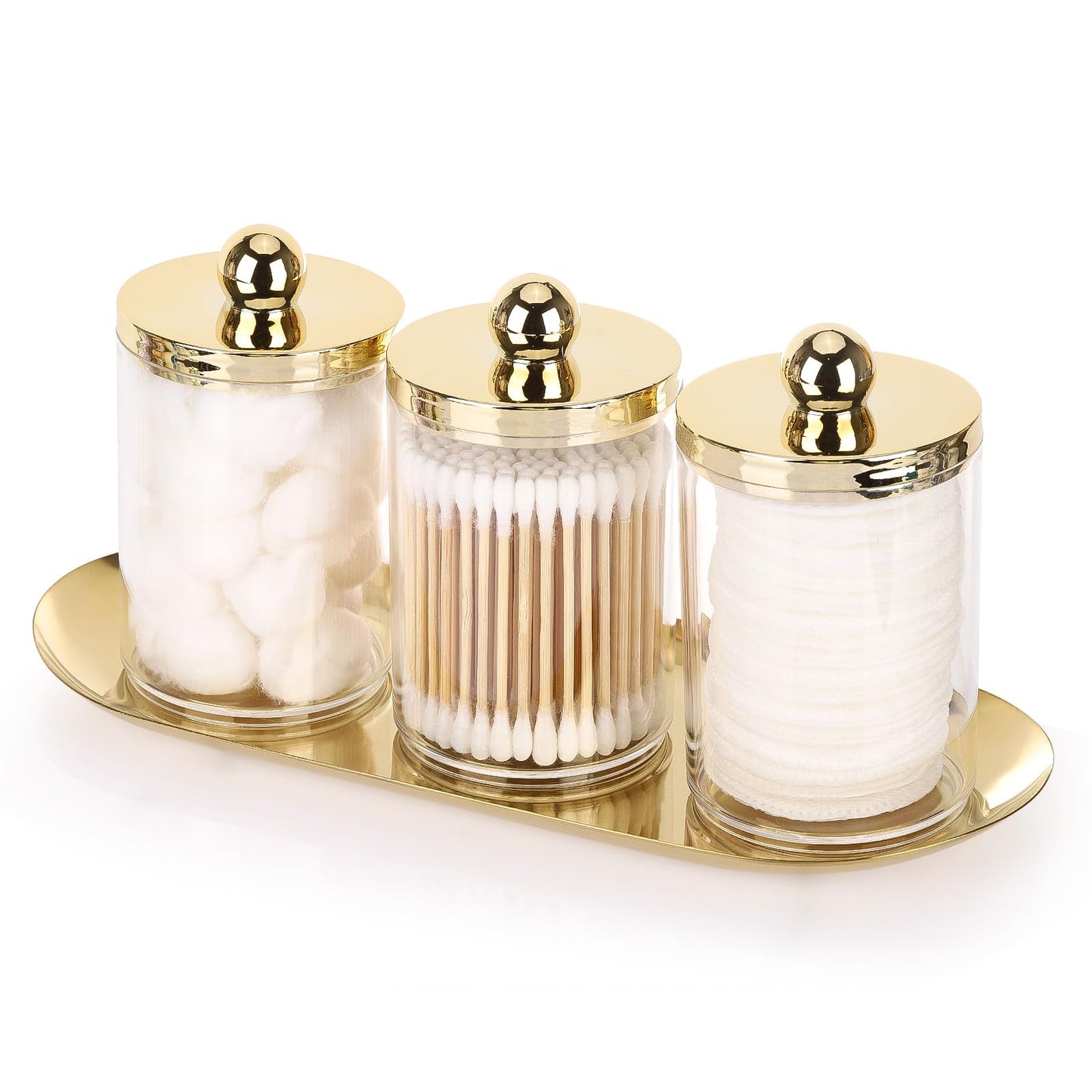 Tbestmax 3 Pack Qtips Holder with Gold Tray, 10oz Cotton Swab Ball Holder for Bathroom Essentials Accessories Decor Clear Plastic Canister Apothecary Jars