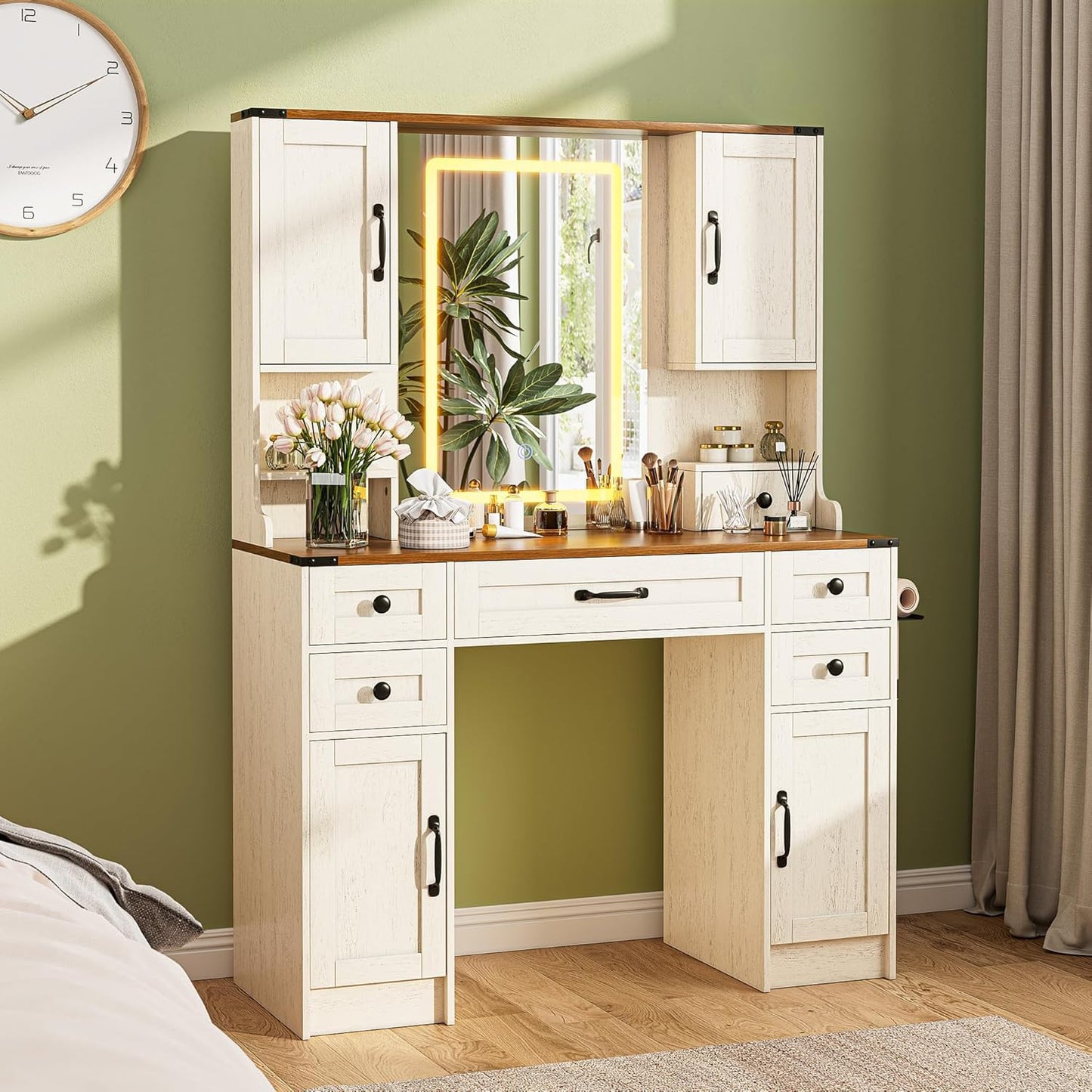 YBXGO Makeup Vanity with Mirror and Light, 3 LED Lighting Modes, Large Dressing Table with 5 Drawers & 4 Storage Cabinets, Vanity Desk with Hair Dryer Rack for Girls Bedroom（045 Brown ）