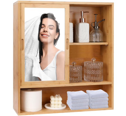 ZYBT Bamboo Bathroom Cabinet,Mirrored Medicine Cabinets,Bathroom Cabinet Wall Mounted with Storage,Medicine Cabinets with Mirror,Over The Toilet Storage with 2 Sliding Doors